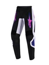 Alpinestars 2026 Youth Fluid Grid Pants, Motocross Pants, Black Light Gray and Purple, featuring pink star logos on the thighs and white panels, pre-curved design for off-road riding performance.