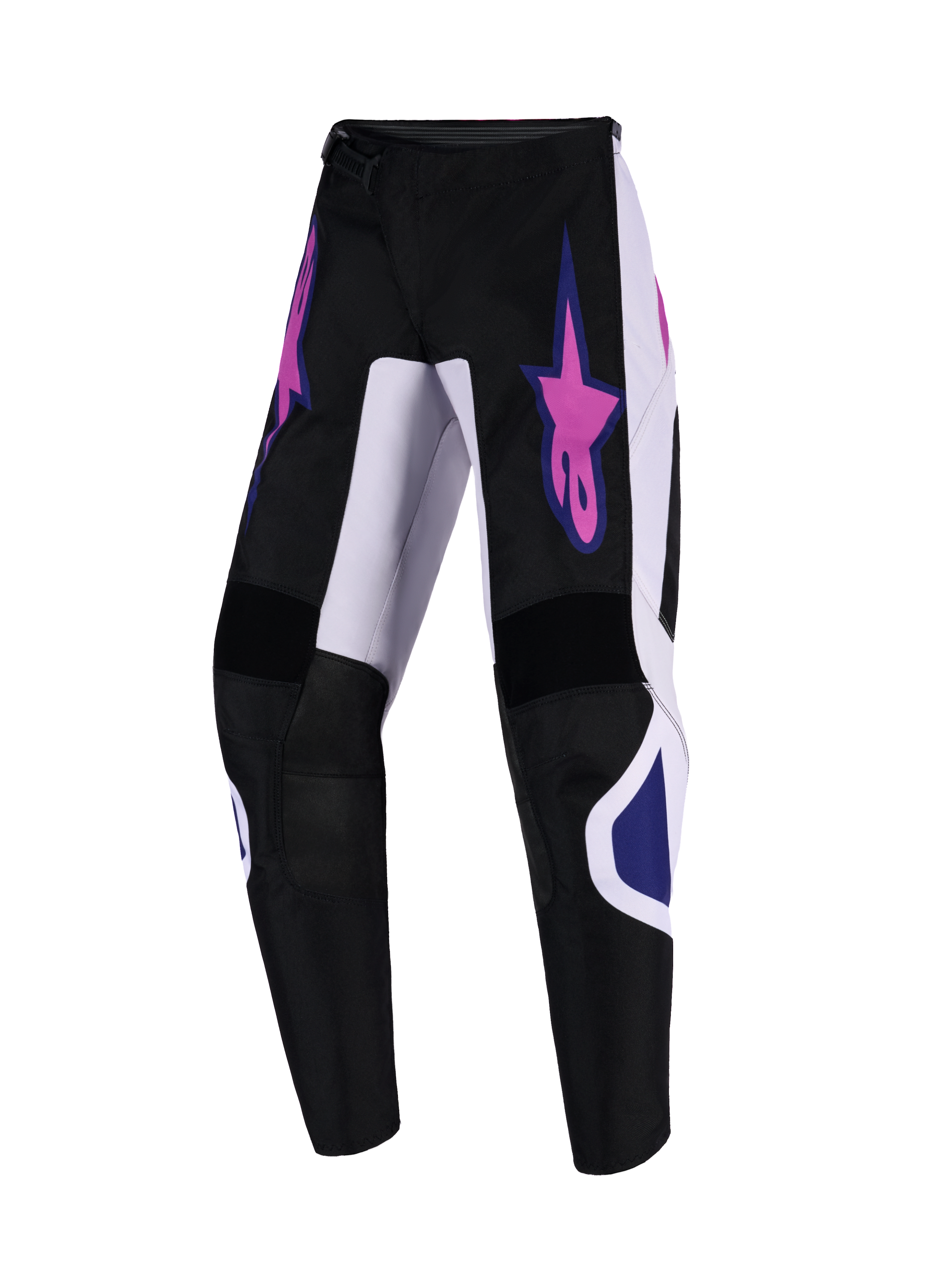Alpinestars 2026 Youth Fluid Grid Pants, Motocross Pants, Black Light Gray and Purple, featuring pink star logos on the thighs and white panels, pre-curved design for off-road riding performance.