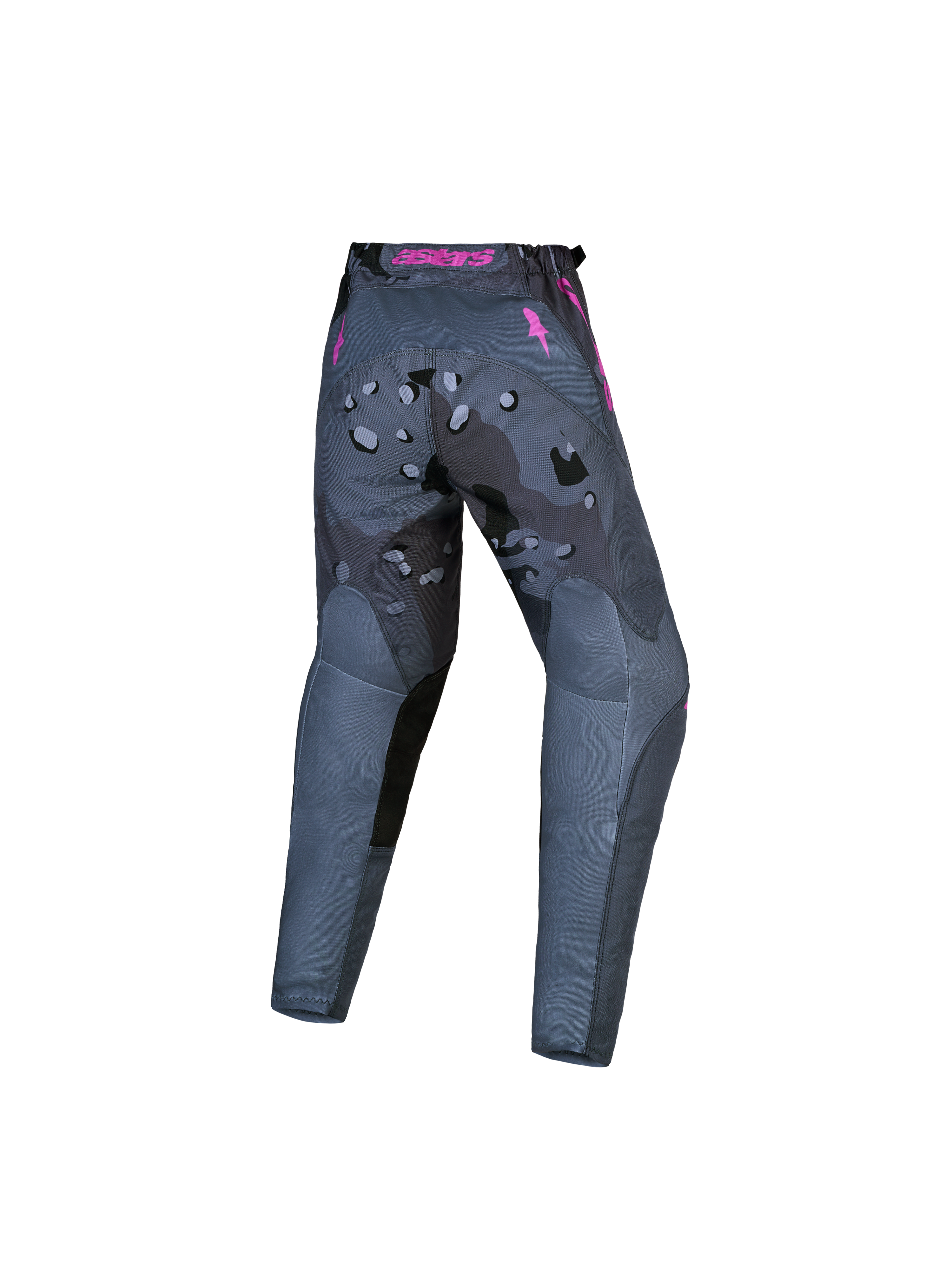 Alpinestars Jugend Fluid Lone Hose 2027, Jugend-Motocrosshose, Grau Camo und Lila, strapazierfähige 600D-Polygewebe-Konstruktion, Rückansicht.
