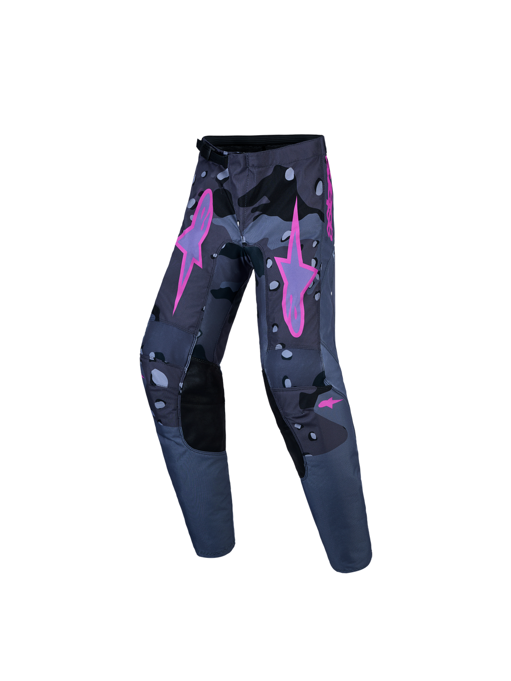 Alpinestars Youth Fluid Lone V2 Pants, youth motocross gear in dark grey camo with bright pink star logos and reinforced knees.