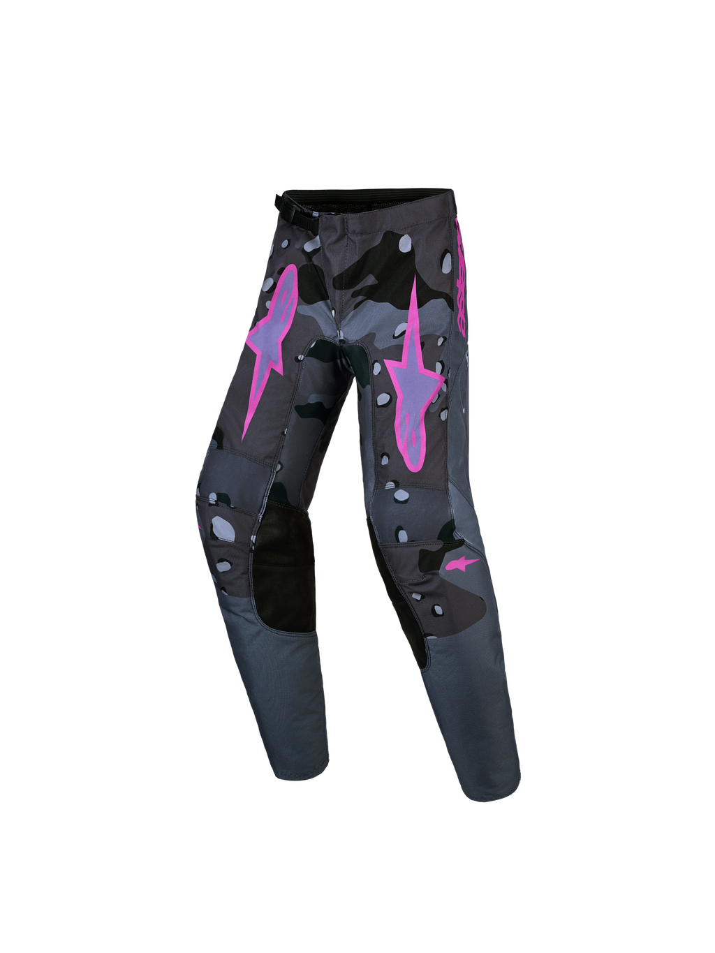 Alpinestars Jugend Fluid Lone Hose, Motocross-Rennhose in Grau Camo und Lila aus strapazierfähigem Polygewebe.
