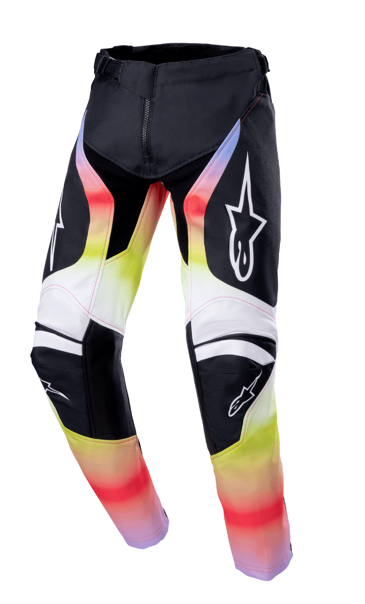 Alpinestars 2023 Youth Racer Semi Hose, Motocross-Hose für Jugendliche, Schwarz mit rot-gelb-weißem Farbverlauf, Stern-Logos auf Oberschenkeln und Knien, technisches Design mit verstärktem Knieschutz