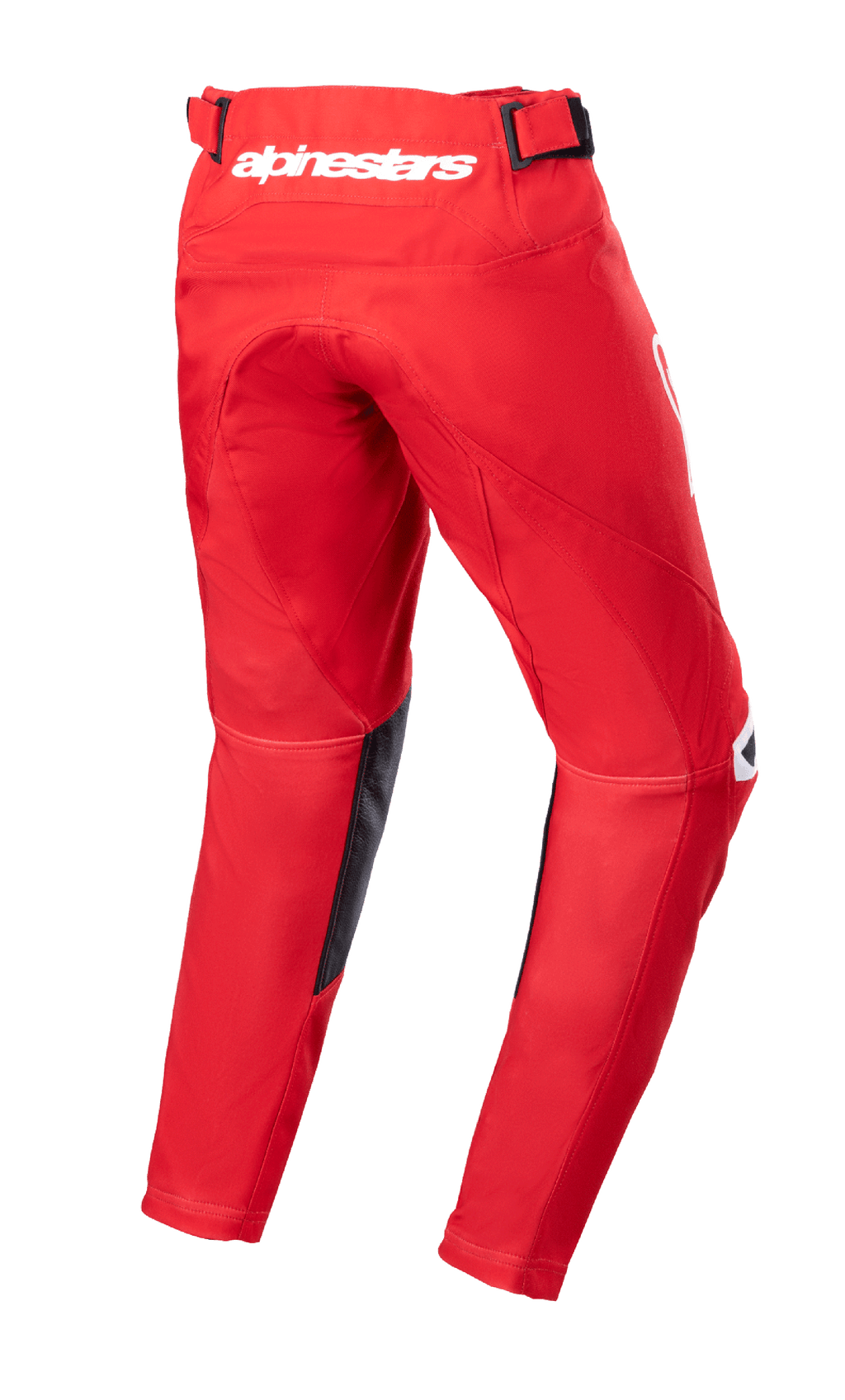 Alpinestars Youth 2023 Racer Narin Hose, Motocross-Hose, Mars Rot und Weiß, Rückansicht mit weißem Alpinestars-Branding am hinteren Bund, Innenbein-Einsätze aus schwarzem Leder, ergonomisch vorgeformtes Design für den Offroad-Einsatz