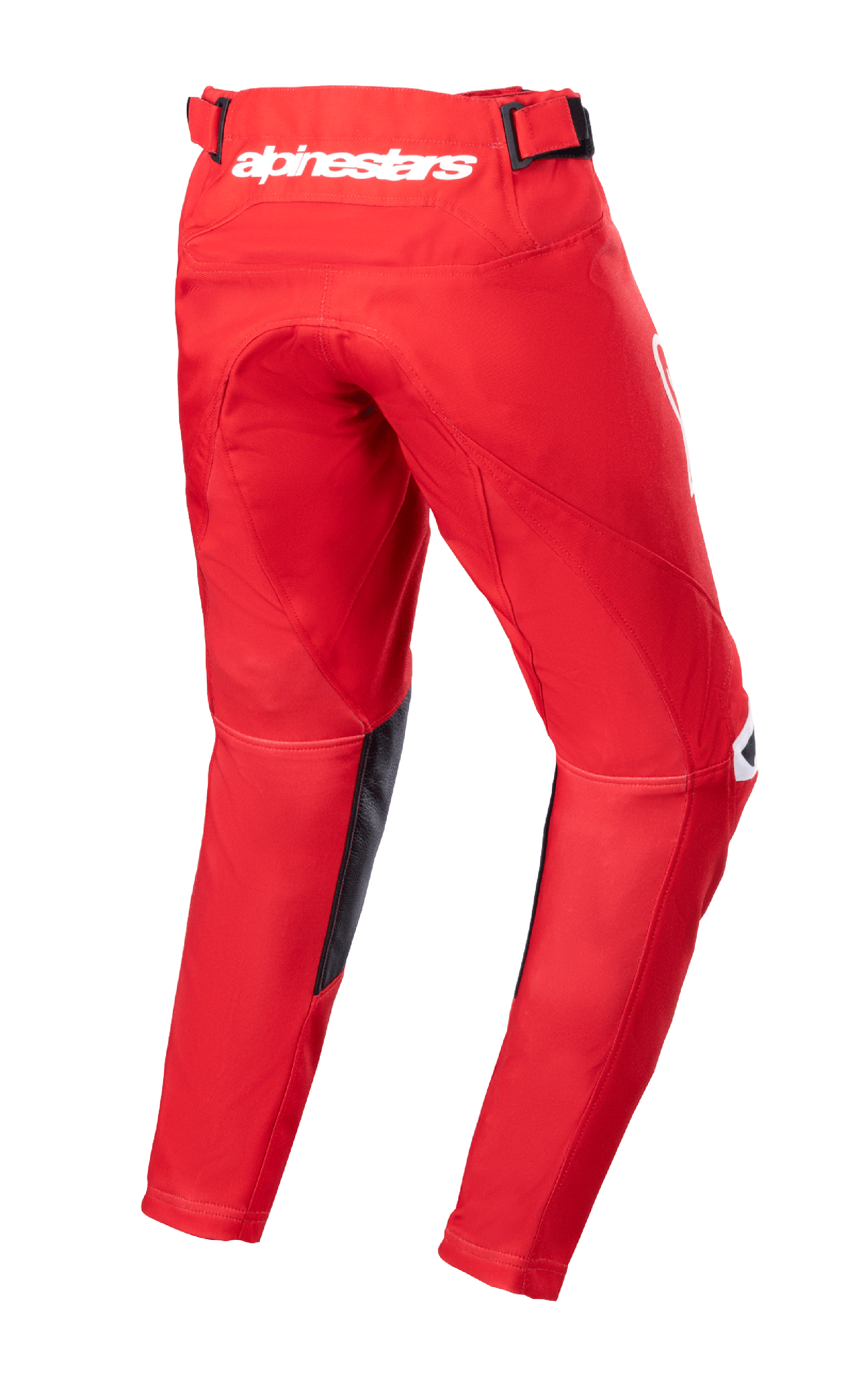Alpinestars Youth 2023 Racer Narin Hose, Motocross-Hose, Mars Rot und Weiß, Rückansicht mit weißem Alpinestars-Branding am hinteren Bund, Innenbein-Einsätze aus schwarzem Leder, ergonomisch vorgeformtes Design für den Offroad-Einsatz