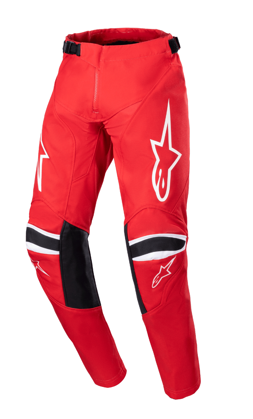 Alpinestars 2023 Youth Racer Narin Hose, Motocross-Hose, Mars-Rot und Weiß, mit weißen Stern-Logos auf den Oberschenkeln, schwarzen Knie-Verstärkungspanelen mit weißen Streifen, verstellbaren Taillengurten, strapazierfähiges Offroad-Racing-Design