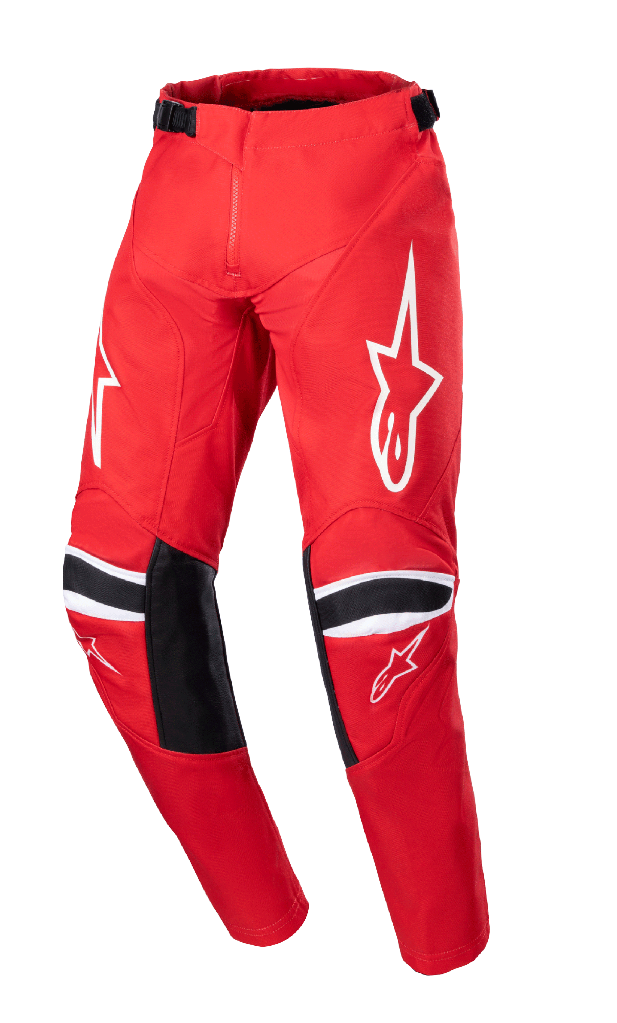 Alpinestars 2023 Youth Racer Narin Hose, Motocross-Hose, Mars-Rot und Weiß, mit weißen Stern-Logos auf den Oberschenkeln, schwarzen Knie-Verstärkungspanelen mit weißen Streifen, verstellbaren Taillengurten, strapazierfähiges Offroad-Racing-Design