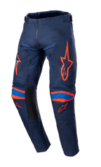 Alpinestars 2023 Youth Racer Narin Hose, Motocross-Hose für Jugendliche, Dunkelblau und leuchtendes Orange mit blauen Akzenten, orangefarbene Logo-Grafiken auf Oberschenkeln und Knien, schwarze Innenbein-Paneele, strapazierfähige Textilkonstruktion für Offroad-Rennsport