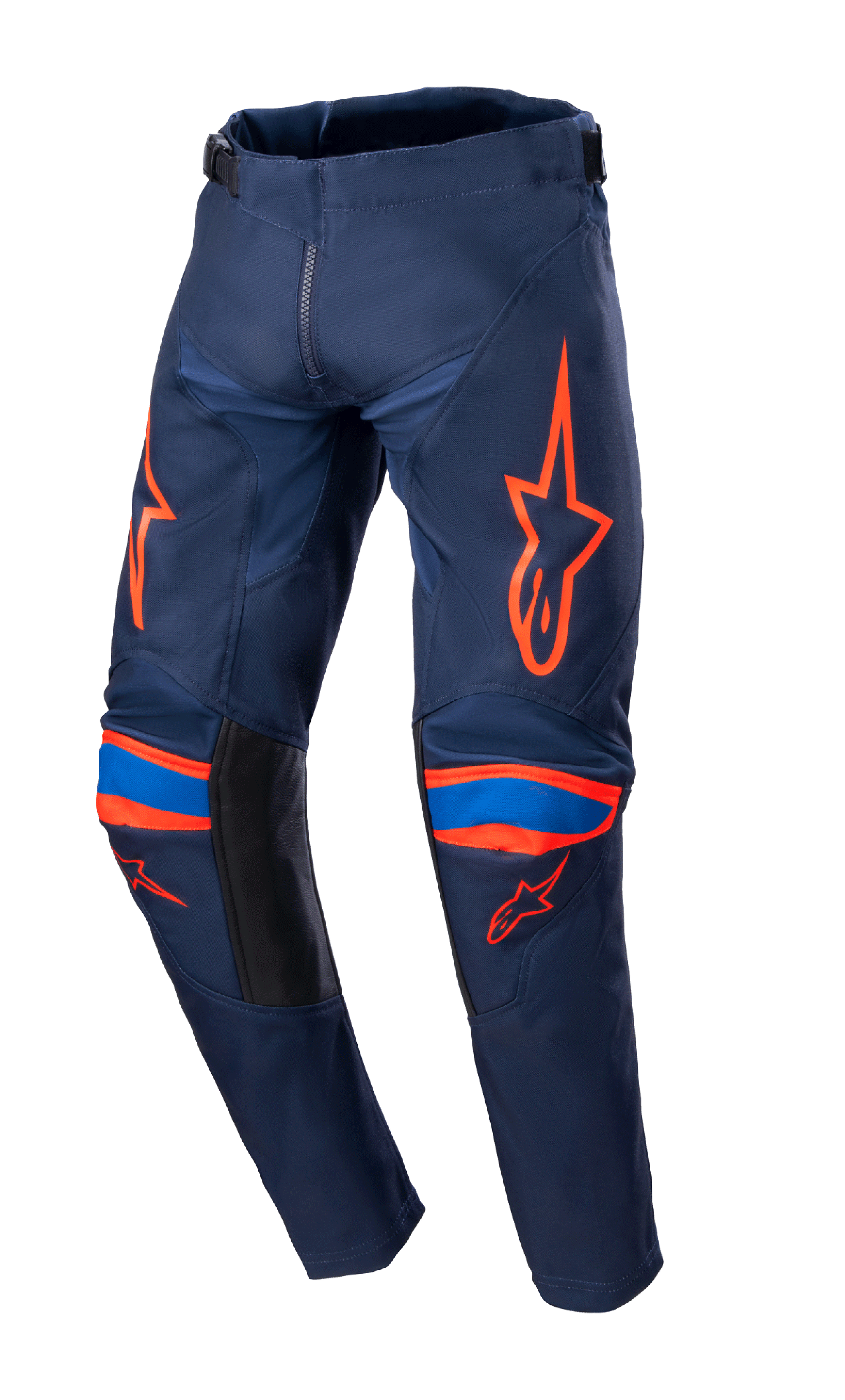 Alpinestars 2023 Youth Racer Narin Hose, Motocross-Hose für Jugendliche, Dunkelblau und leuchtendes Orange mit blauen Akzenten, orangefarbene Logo-Grafiken auf Oberschenkeln und Knien, schwarze Innenbein-Paneele, strapazierfähige Textilkonstruktion für Offroad-Rennsport