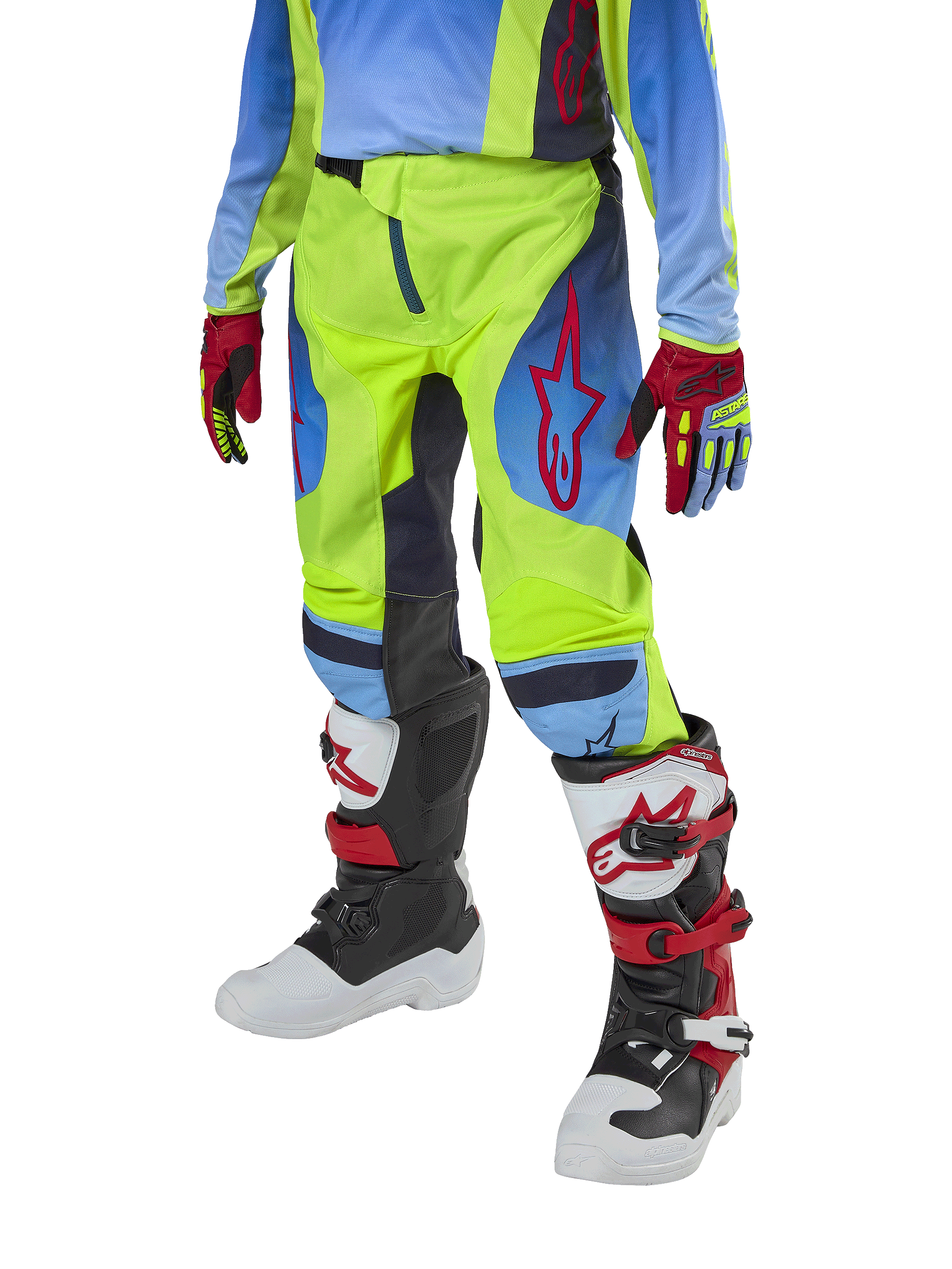 Alpinestars Youth 2024 Racer Hoen Pants, Motocross Pants, Yellow Fluo and Blue Night Navy with red accents, worn with matching gloves and white, black, and red boots, featuring a sport fit and pre-curved legs for off-road racing