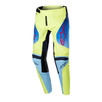 Alpinestars 2024 Youth Racer Hoen Pants, Motocross Pants, Yellow Fluo and Blue Night Navy, featuring red Alpinestars star logos, navy blue panels, and black reinforced knees, sporty design for off-road racing