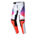 Alpinestars 2024 Youth Racer Hoen Hose, Jugend-Motocross-Hose, Hellgrau, Hot Orange und Schwarz, mit leuchtend orangefarbenen Knieeinsätzen, schwarzen Logos und Grafiken mit violett-orangefarbenem Farbverlauf an den Oberschenkeln, ergonomisches, vorgeformtes Design für den Offroad-Rennsport