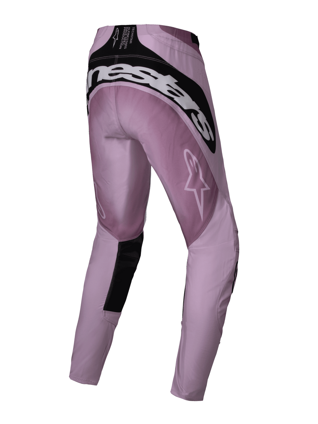 Alpinestars 2025 Stella Techstar Melt Damen-Hose, Motocross-Hose, Blush und Schwarz, Dreiviertel-Rückansicht mit weißem Alpinestars-Branding auf der Rückseite, pinkfarbenes Ripstop-Gewebe mit schwarzen Akzenten, entwickelt für Performance-Offroad-Rennsport
