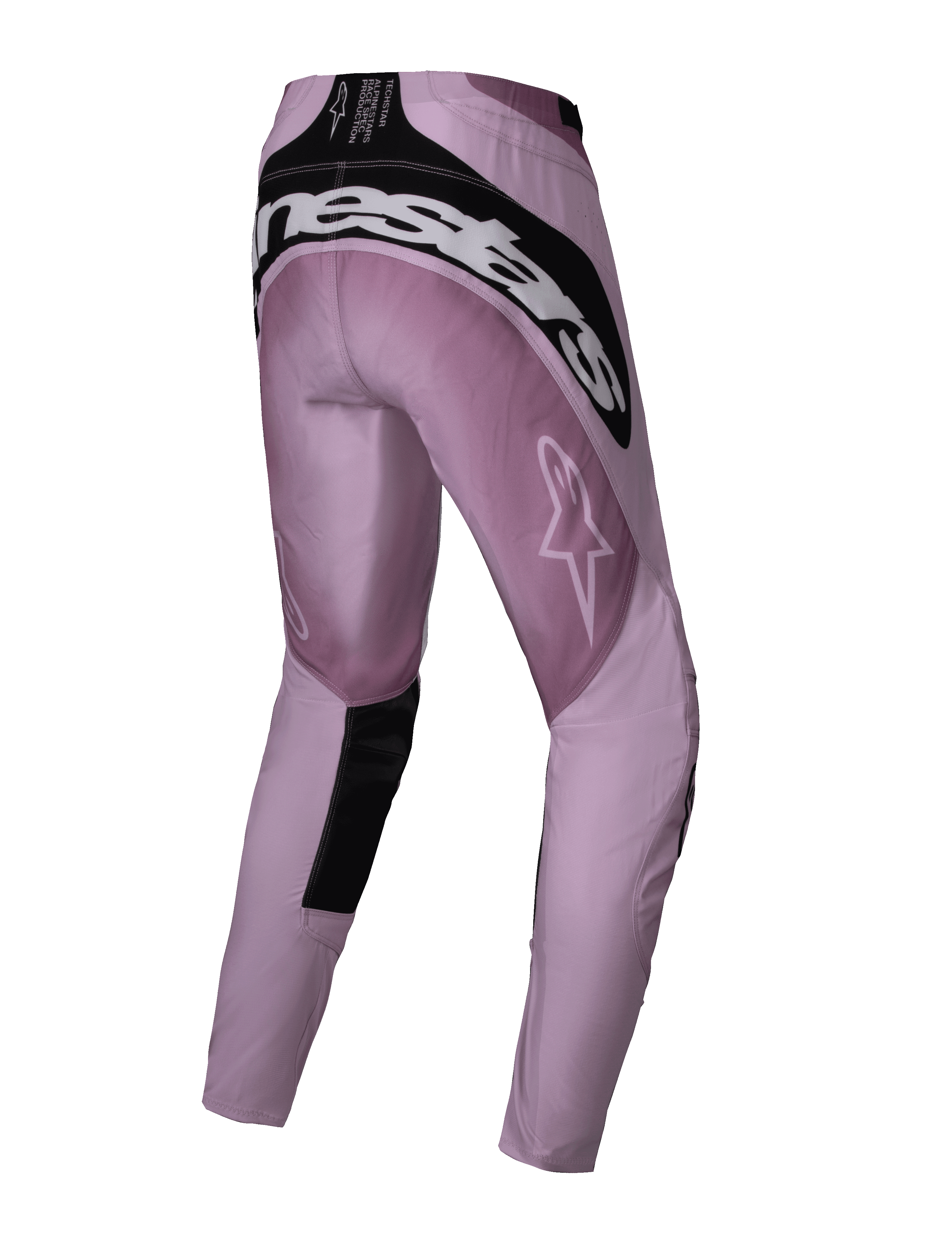 Alpinestars 2025 Stella Techstar Melt Hose, Damen-Motocross-Hose, Blush Black, Rückansicht mit weißem Alpinestars-Logo am Gesäß, schwarzen verstärkten Einsätzen und einem Stern-Logo am Oberschenkel, konzipiert für Offroad-Performance