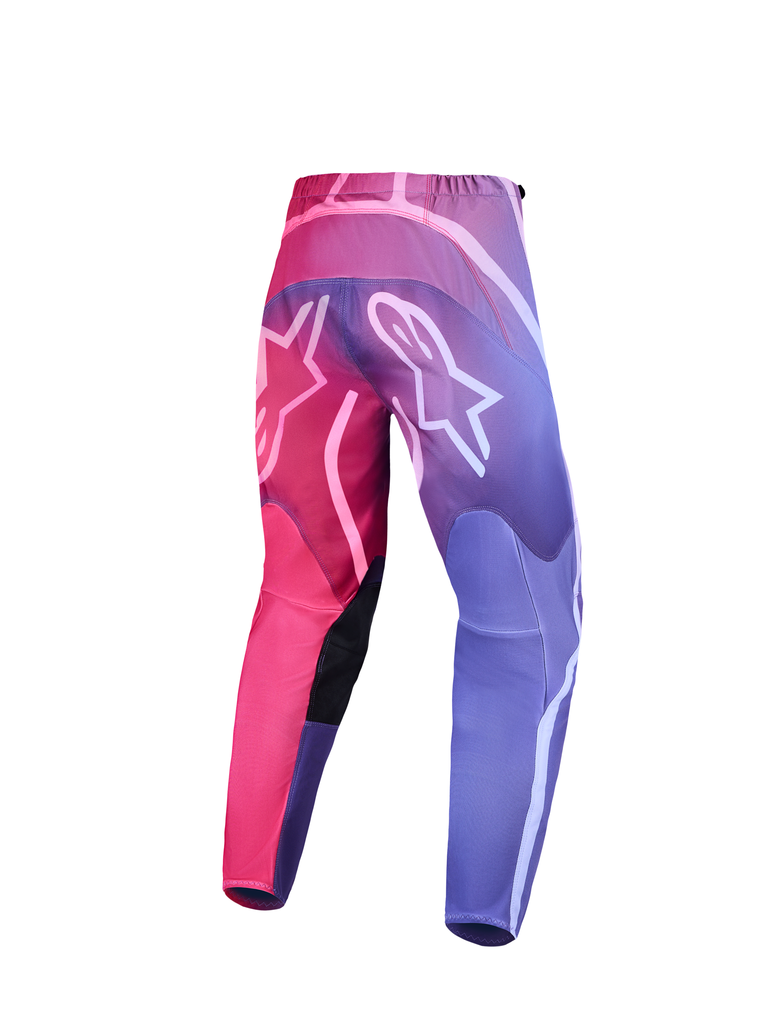 Alpinestars Stella Fluid Kepler Damen-Motocrosshose, Rückansicht mit Pink-Lila-Farbverlauf, weiße Astar-Logos, funktionale Offroad-Bekleidung.
