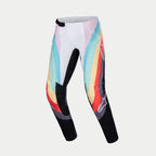 Alpinestars Damen Stella 2024 Techstar Hose, Motocross-Hose, Schwarz Mehrfarbig mit weißen, blaugrünen, gelben und roten Grafikpanels, schwarze magnetische Taillenschnalle, Alpinestars-Logos an den Beinen, perforierte Bereiche zur Belüftung, konzipiert für den Offroad-Rennsport