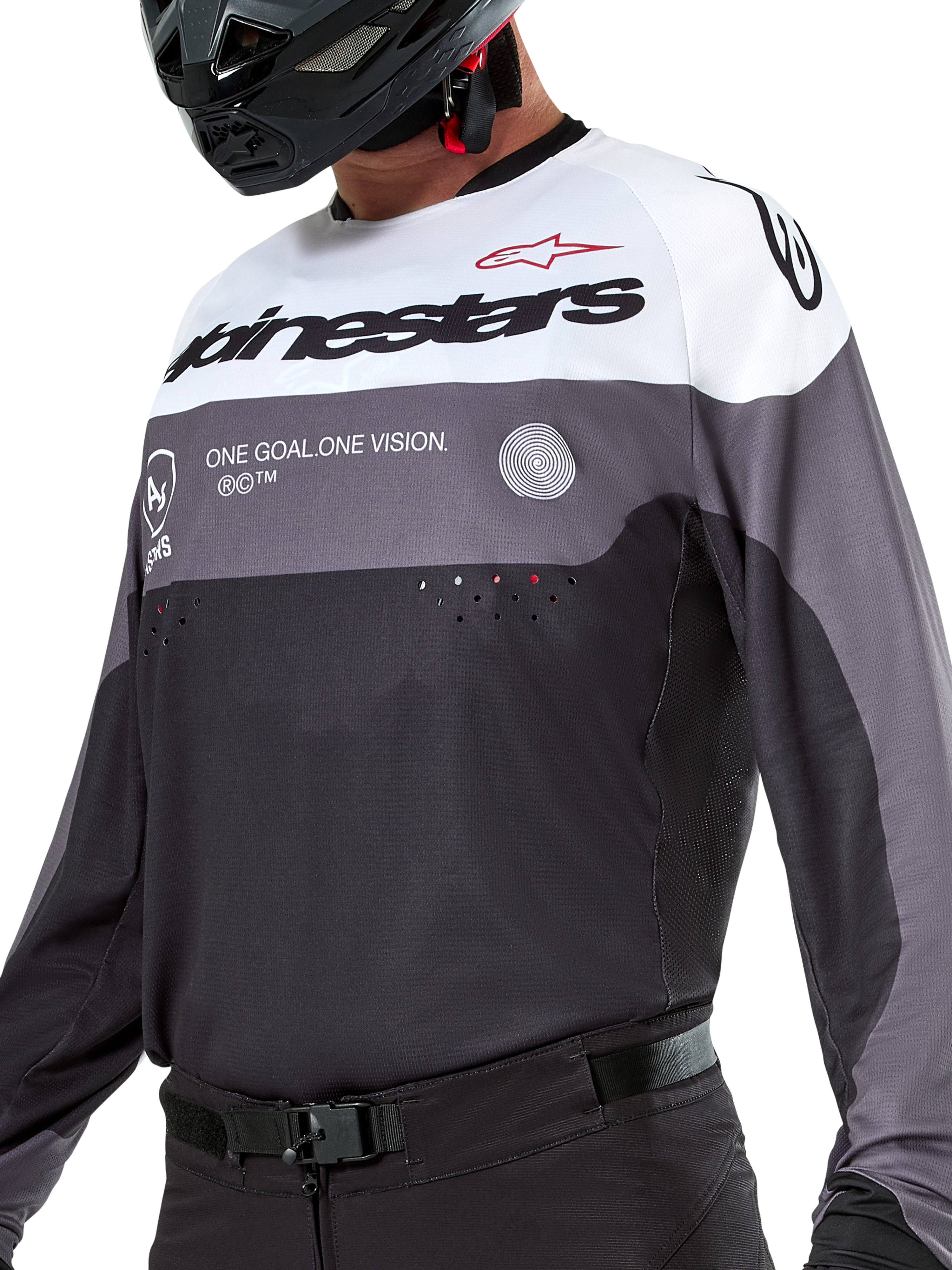 Alpinestars Pro-Dura Jersey, Motocross and Enduro Jersey, Black Magnet White, technical off-road apparel with laser-cut perforations and breathable poly-fabric construction.