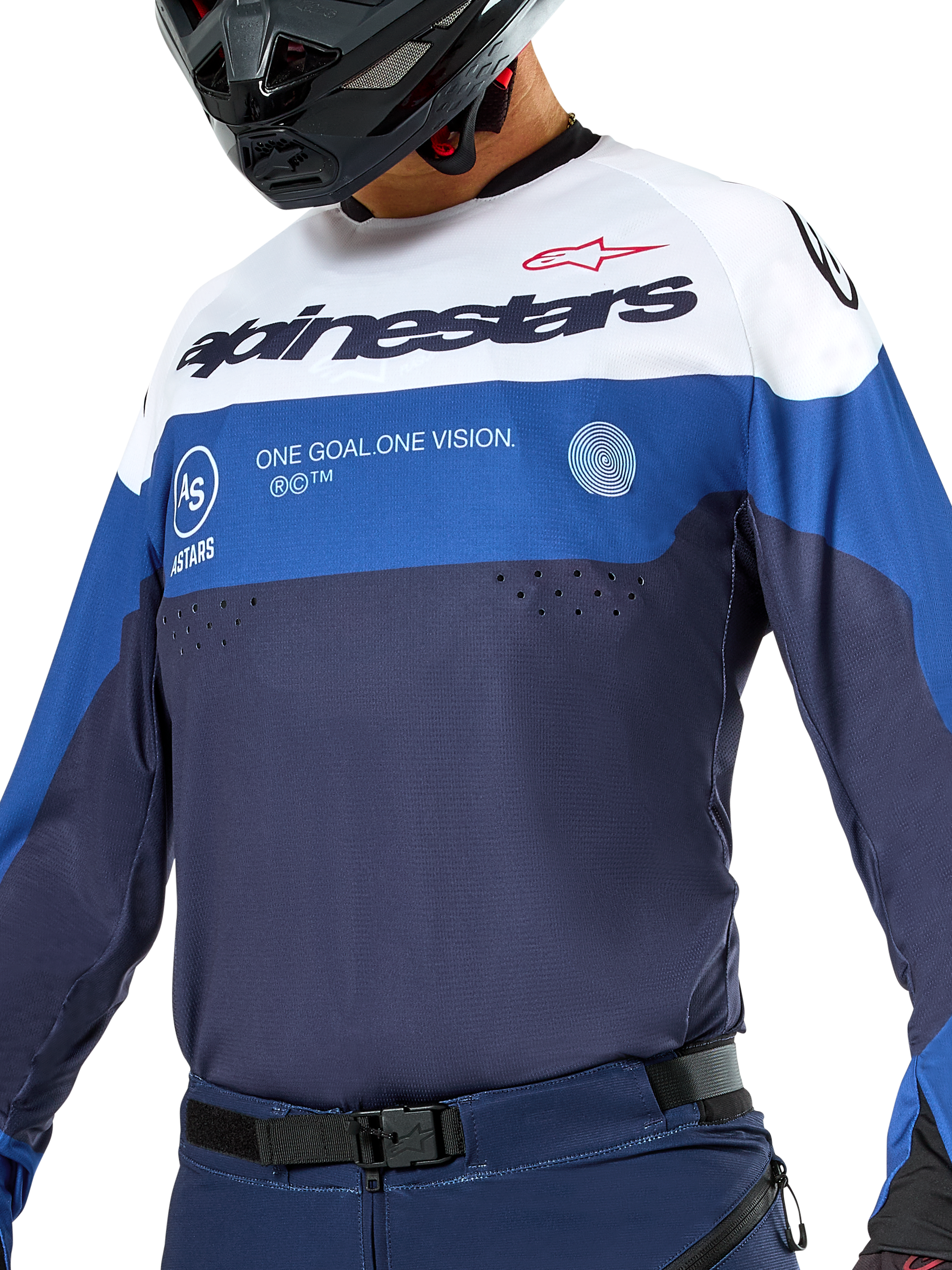 Alpinestars Pro-Dura Jersey, Enduro and Motocross Jersey, Navy, Bright Blue, and White, athletic fit with bold branding, durable textile construction for off-road performance