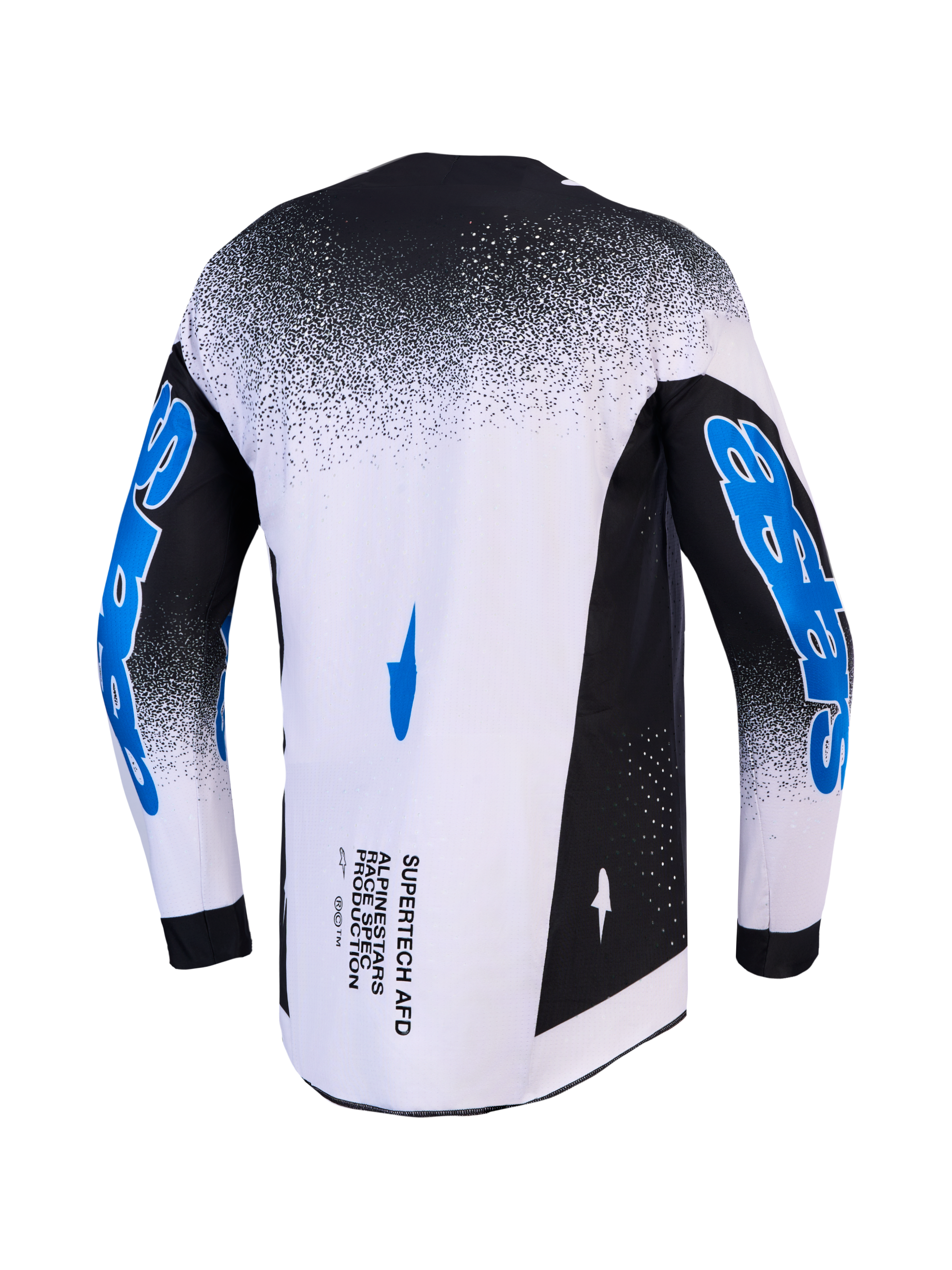 Alpinestars Supertech Hiten AFD Trikot, Motocross-Renntrikot für Herren, athletische Pro-Racing-Passform, Schwarz und Weiß mit blauen Ärmelgrafiken, Rückansicht mit lasergeschnittener Belüftung.