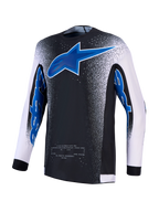Alpinestars Supertech Hiten AFD Trikot für Herren, schwarz-blaues Motocross-Oberteil mit weißen Ärmeln und belüftetem Mesh.