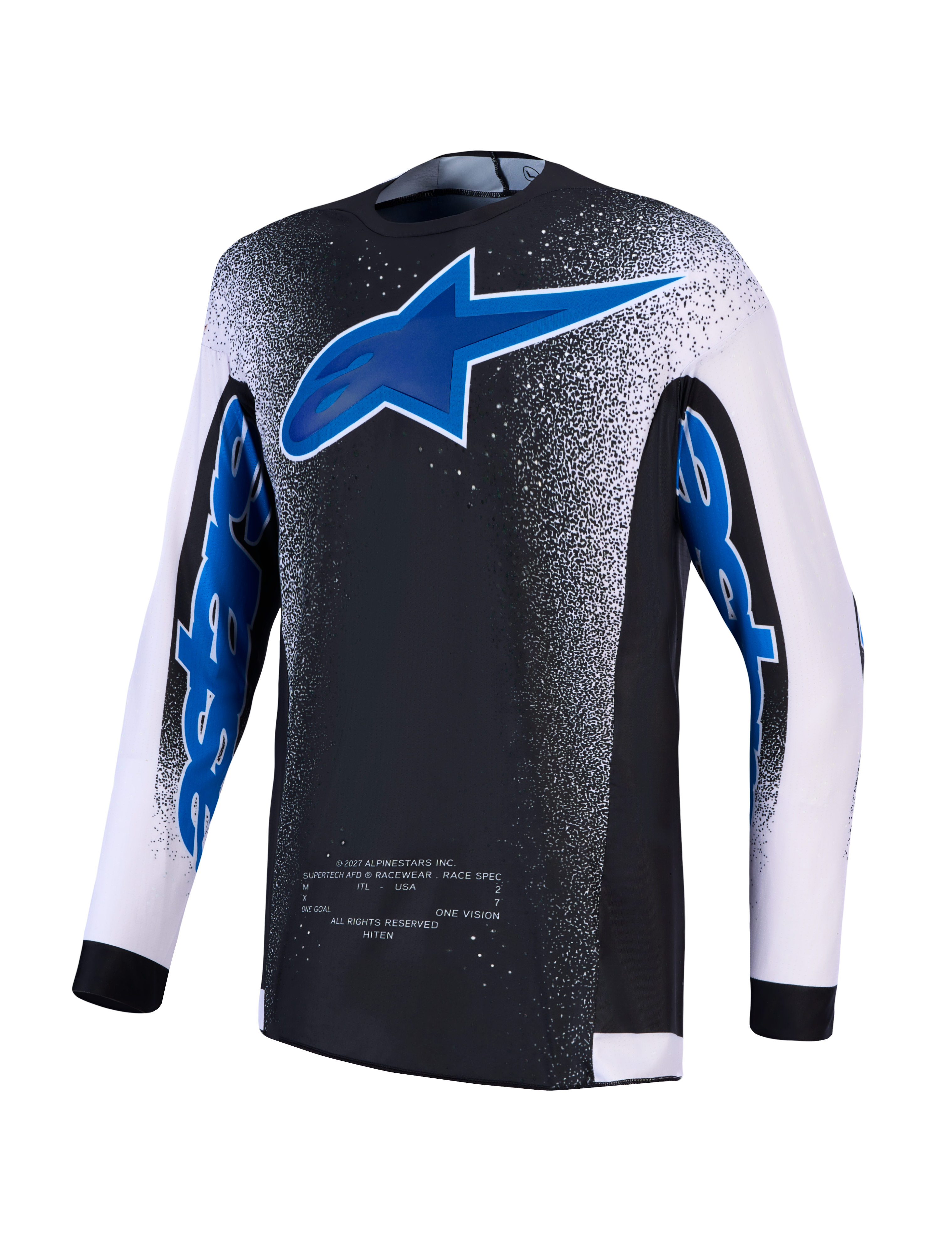 Alpinestars Supertech Hiten AFD Trikot für Herren, schwarz-blaues Motocross-Oberteil mit weißen Ärmeln und belüftetem Mesh.