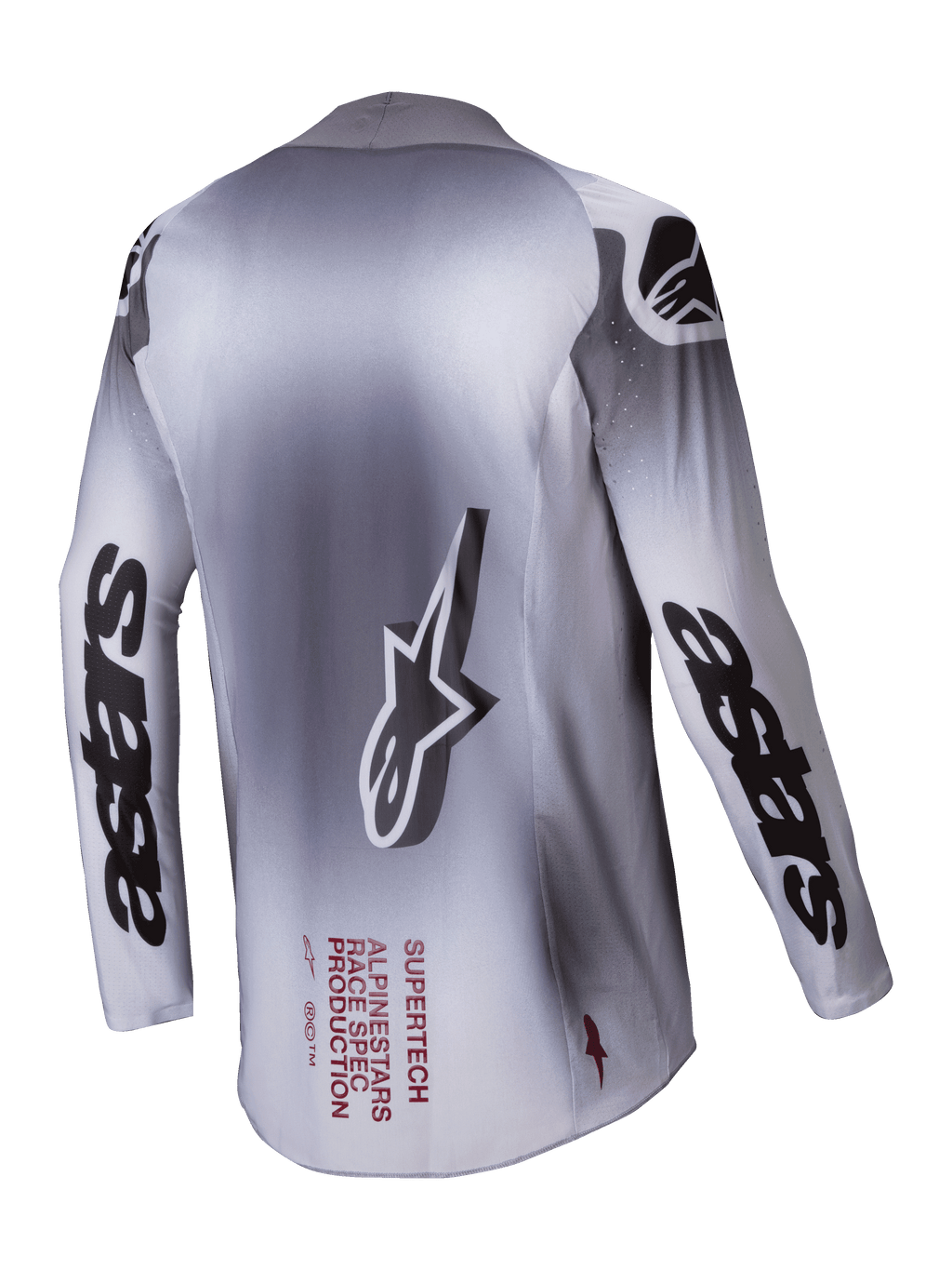 Alpinestars 2025 Supertech Maker Jersey, Men's Motocross Jersey, Silver and Black, rear view showing stretch mesh construction and branding