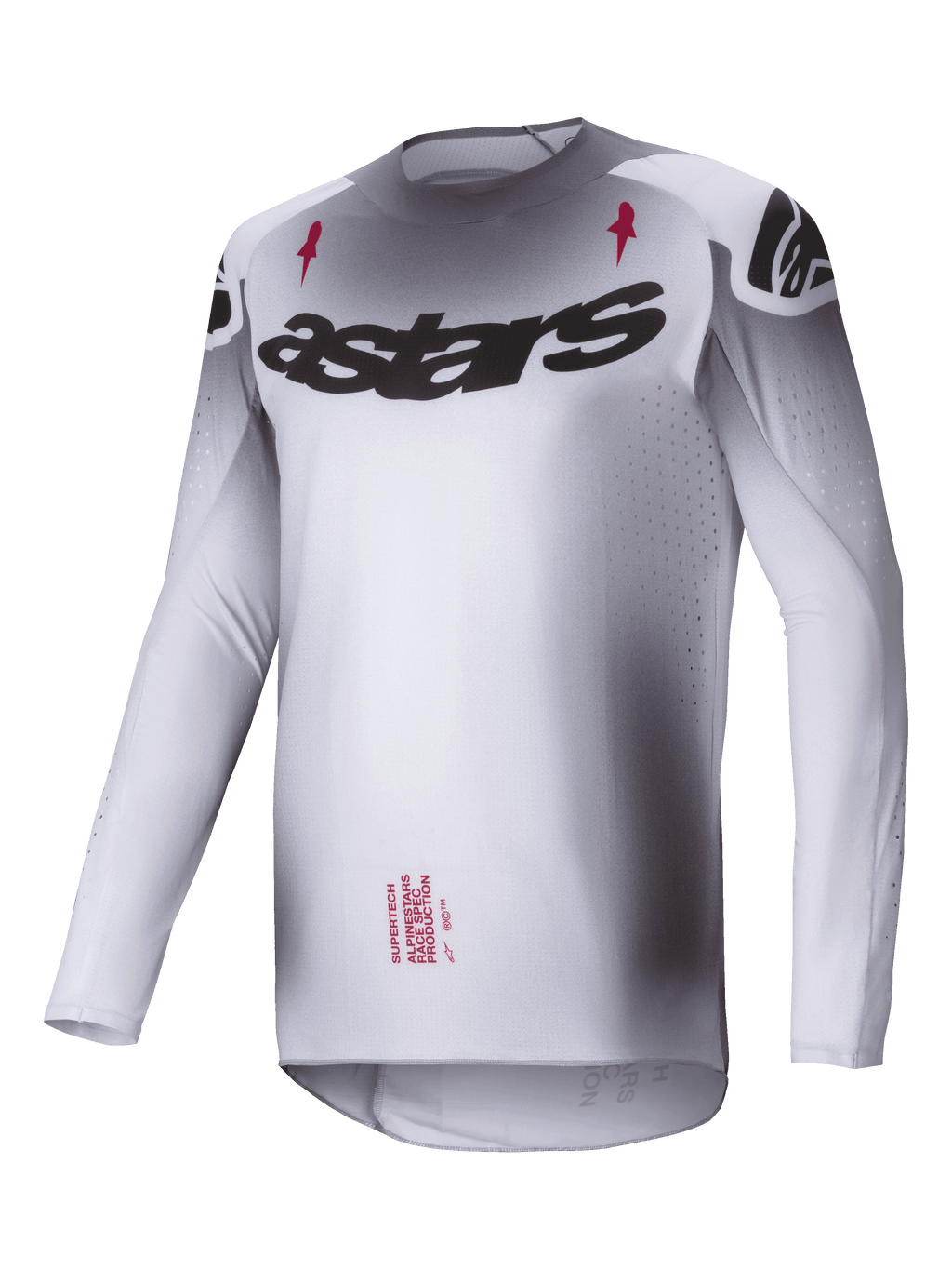 Alpinestars 2025 Supertech Maker Jersey, Motocross Jersey, Silver and Black, lightweight stretch mesh construction with athletic race fit