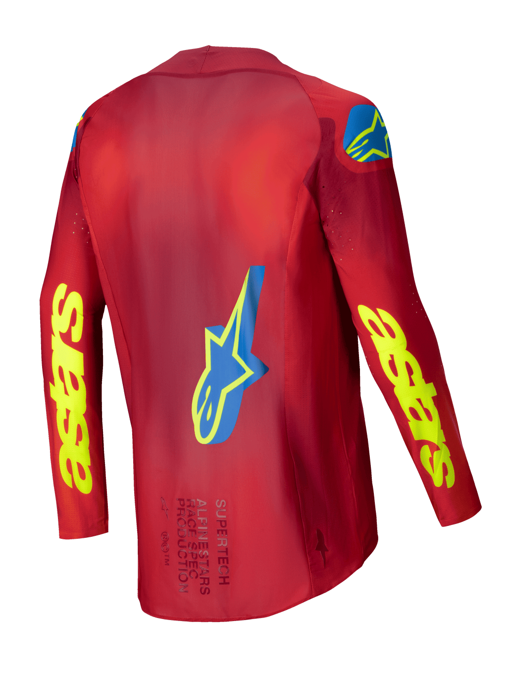 Alpinestars 2025 Supertech Maker Trikot, Motocross-Renntrikot, Herren, leuchtendes Rot und Gelb Fluo, Rückansicht mit Stretch-Mesh-Konstruktion und Grafikdetails