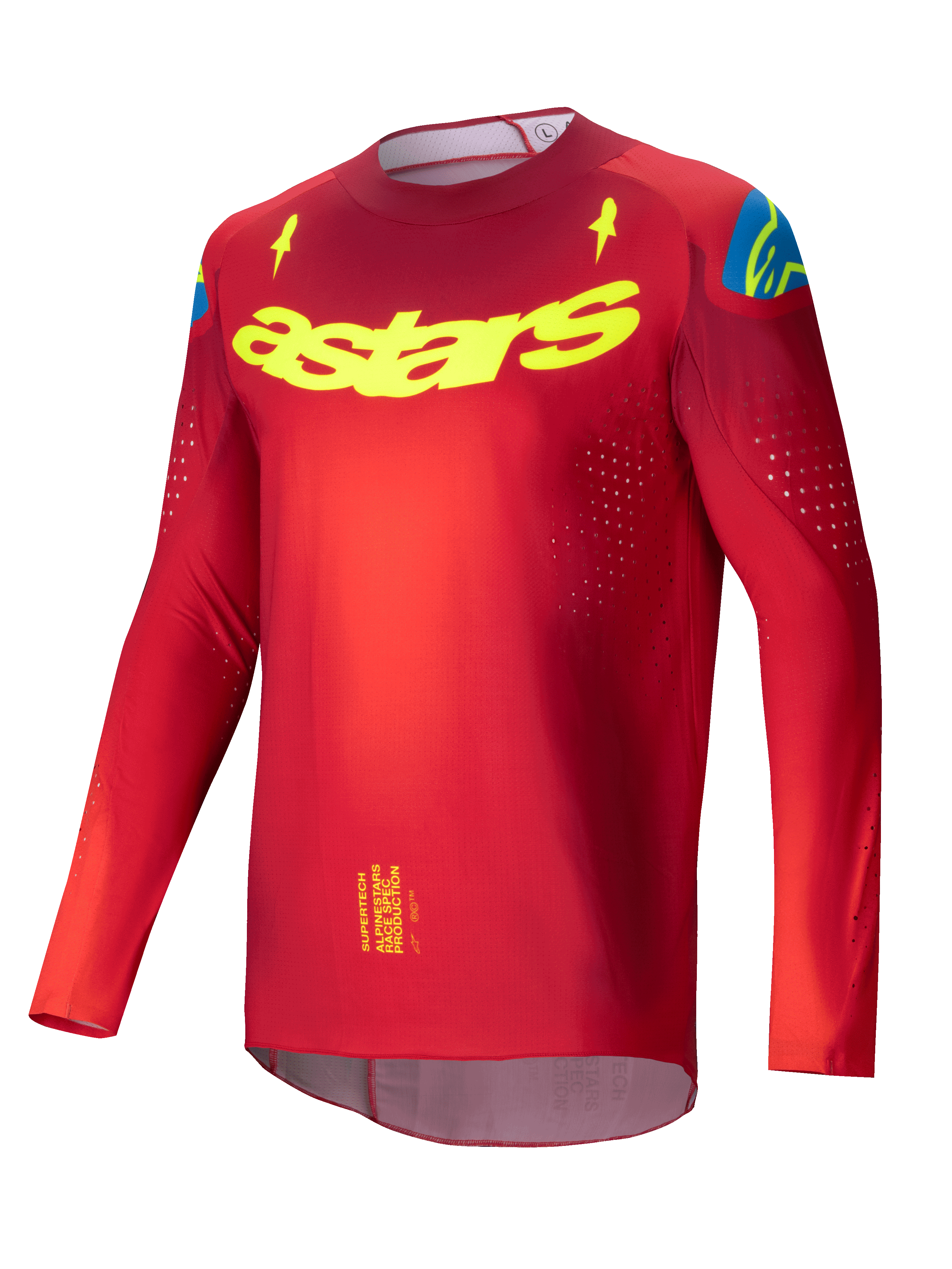 Alpinestars 2025 Supertech Maker Trikot, Pro-Level Motocross-Trikot für Herren in Rot und Gelb Fluo, ultraleichtes Stretch-Mesh mit lasergeschnittenen Belüftungsperforationen