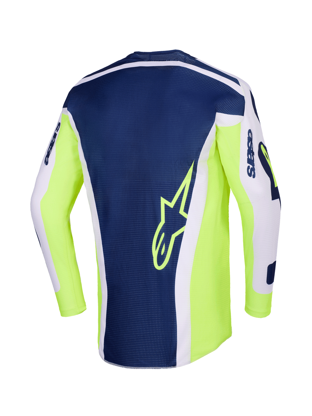 Alpinestars 2026 Racer Air Riway Trikot, Motocross-Trikot, Hellgrau, Gelb Fluo und Blau, Rückansicht mit einem dunkelblauen zentralen Paneel mit gelbem Stern-Logo, leuchtend gelben Fluo-Seiten und hellgrauen Ärmeln für Offroad-Performance.