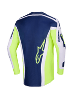Alpinestars 2026 Racer Air Riway Trikot, Motocross-Trikot, Hellgrau, Gelb Fluo und Blau, Rückansicht mit einem dunkelblauen zentralen Paneel mit gelbem Stern-Logo, leuchtend gelben Fluo-Seiten und hellgrauen Ärmeln für Offroad-Performance.