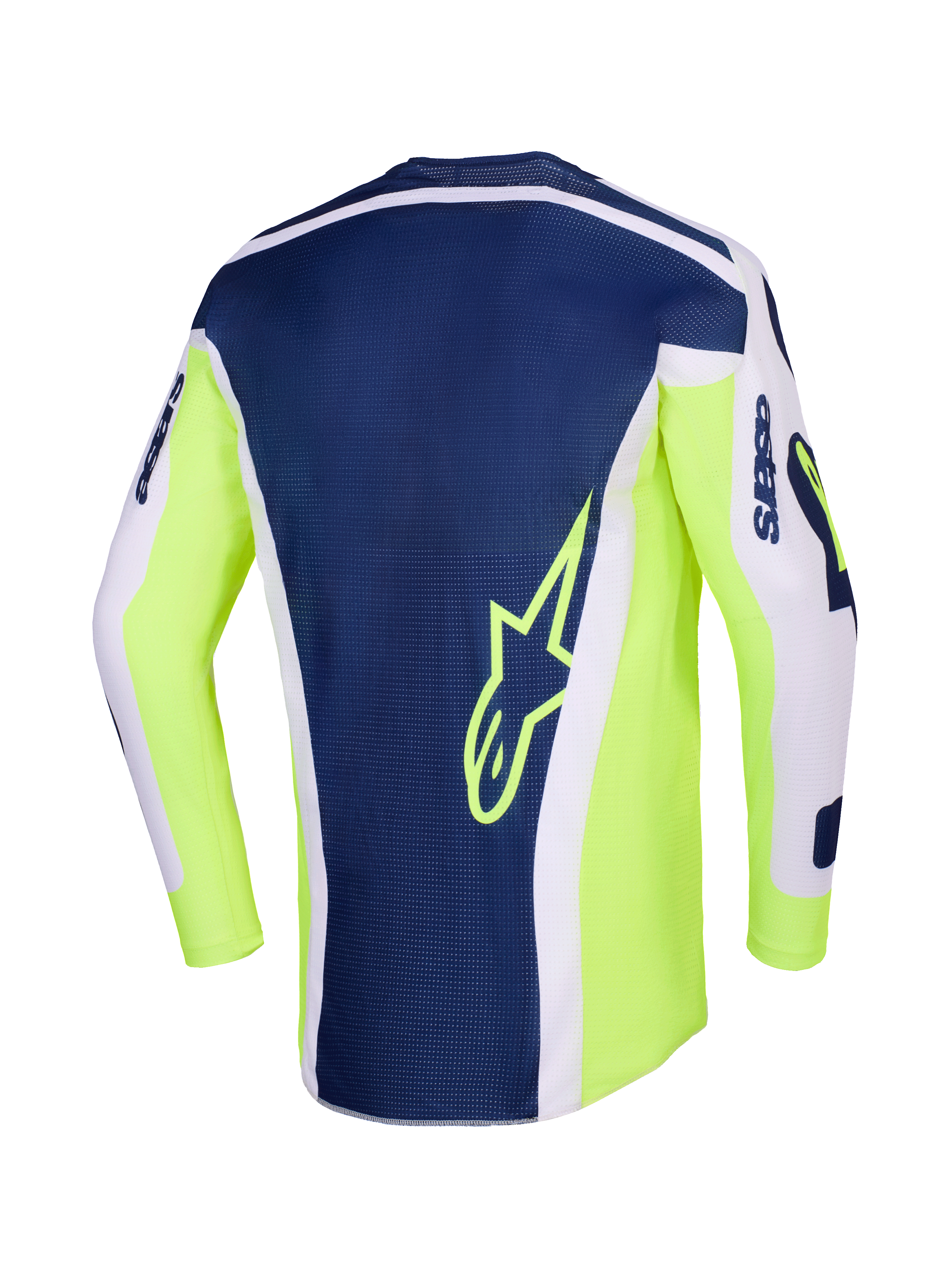 Alpinestars 2026 Racer Air Riway Trikot, Motocross-Trikot, Hellgrau, Gelb Fluo und Blau, Rückansicht mit einem dunkelblauen zentralen Paneel mit gelbem Stern-Logo, leuchtend gelben Fluo-Seiten und hellgrauen Ärmeln für Offroad-Performance.