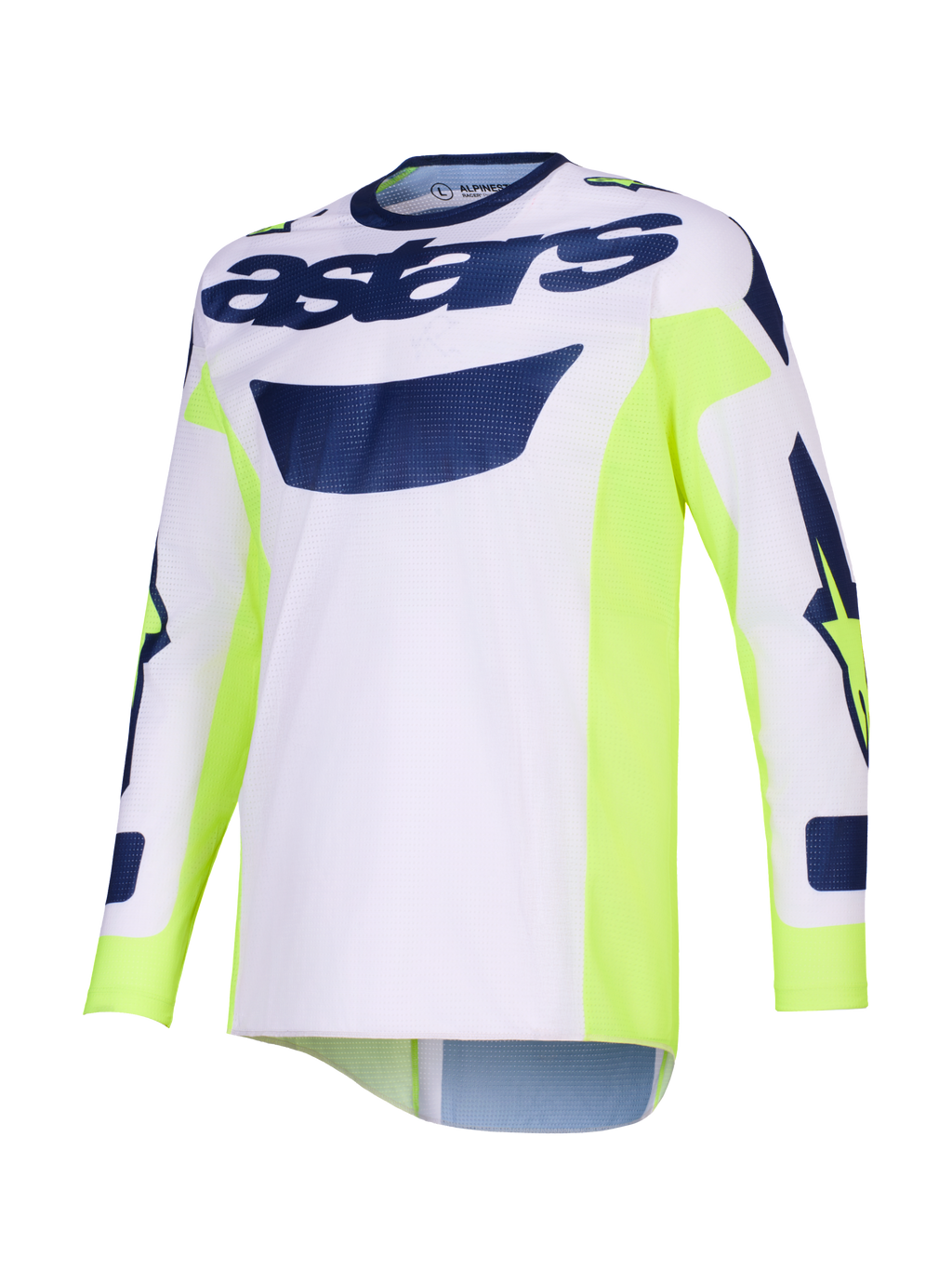 Alpinestars 2026 Racer Air Riway Jersey, Motocross-Jersey, Hellgrau mit neongelben und blauen Akzenten, „astars“-Branding auf der Brust, neongelbe Seitenbahnen, atmungsaktive Mesh-Konstruktion für Offroad-Performance
