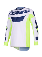 Alpinestars 2026 Racer Air Riway Jersey, Motocross-Jersey, Hellgrau mit neongelben und blauen Akzenten, „astars“-Branding auf der Brust, neongelbe Seitenbahnen, atmungsaktive Mesh-Konstruktion für Offroad-Performance