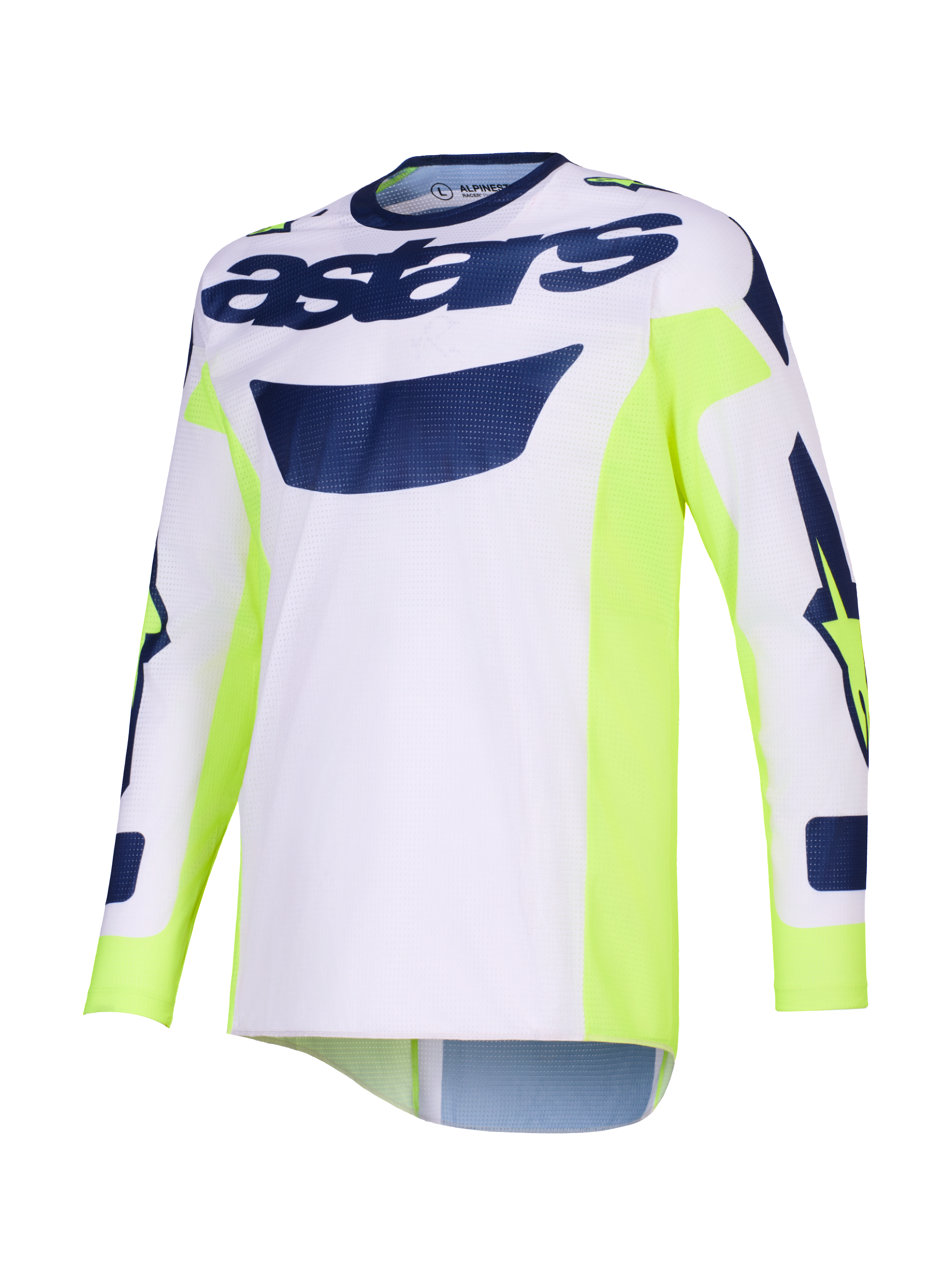 Alpinestars 2026 Racer Air Riway Jersey, Motocross Jersey, Light Gray with Yellow Fluo and Blue accents, 'astars' branding across the chest, neon yellow side panels, breathable mesh construction for off-road performance