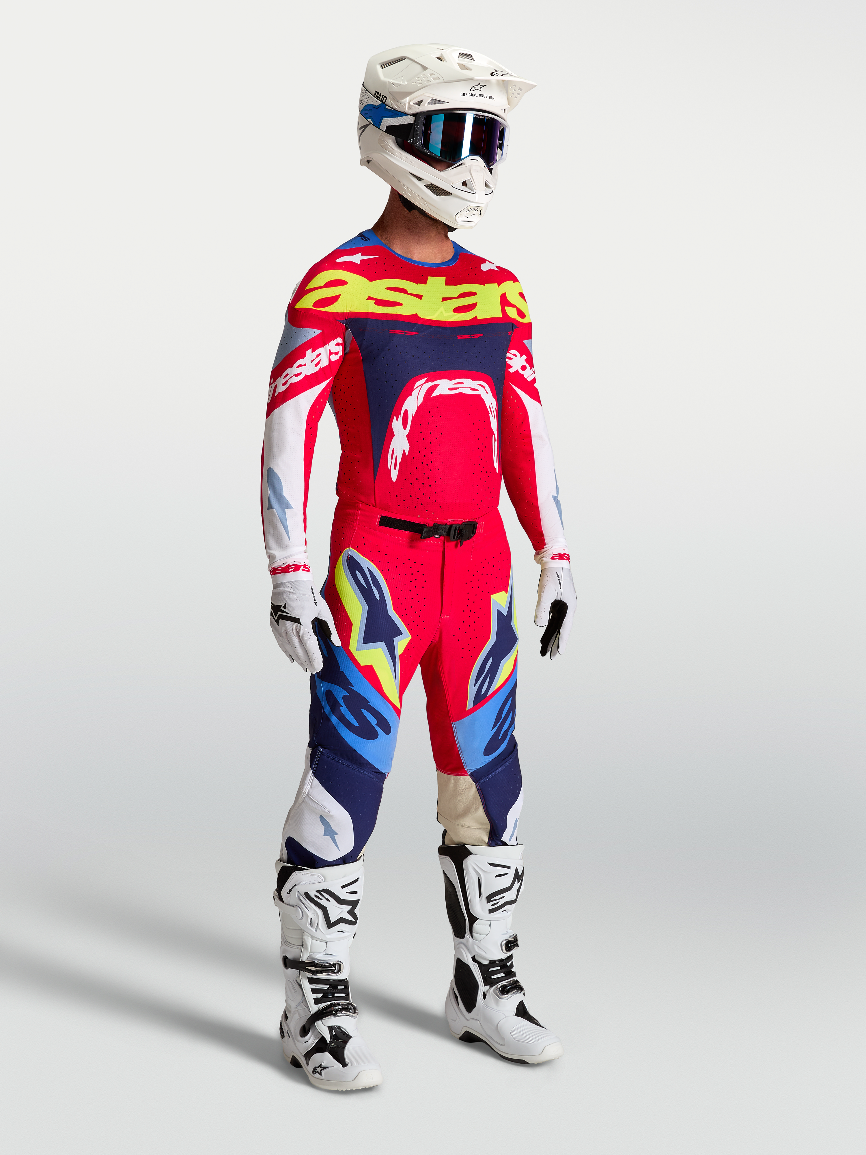 Alpinestars Supertech Dyna Trikot und Gear Set, Motocross-Ausrüstung für Herren, Feuerrot und Marineblau, Profi-Rennpassform.