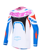 Alpinestars Supertech Dyna Men's Motocross Jersey, White and Blue with Pink, lightweight breathable stretch mesh.