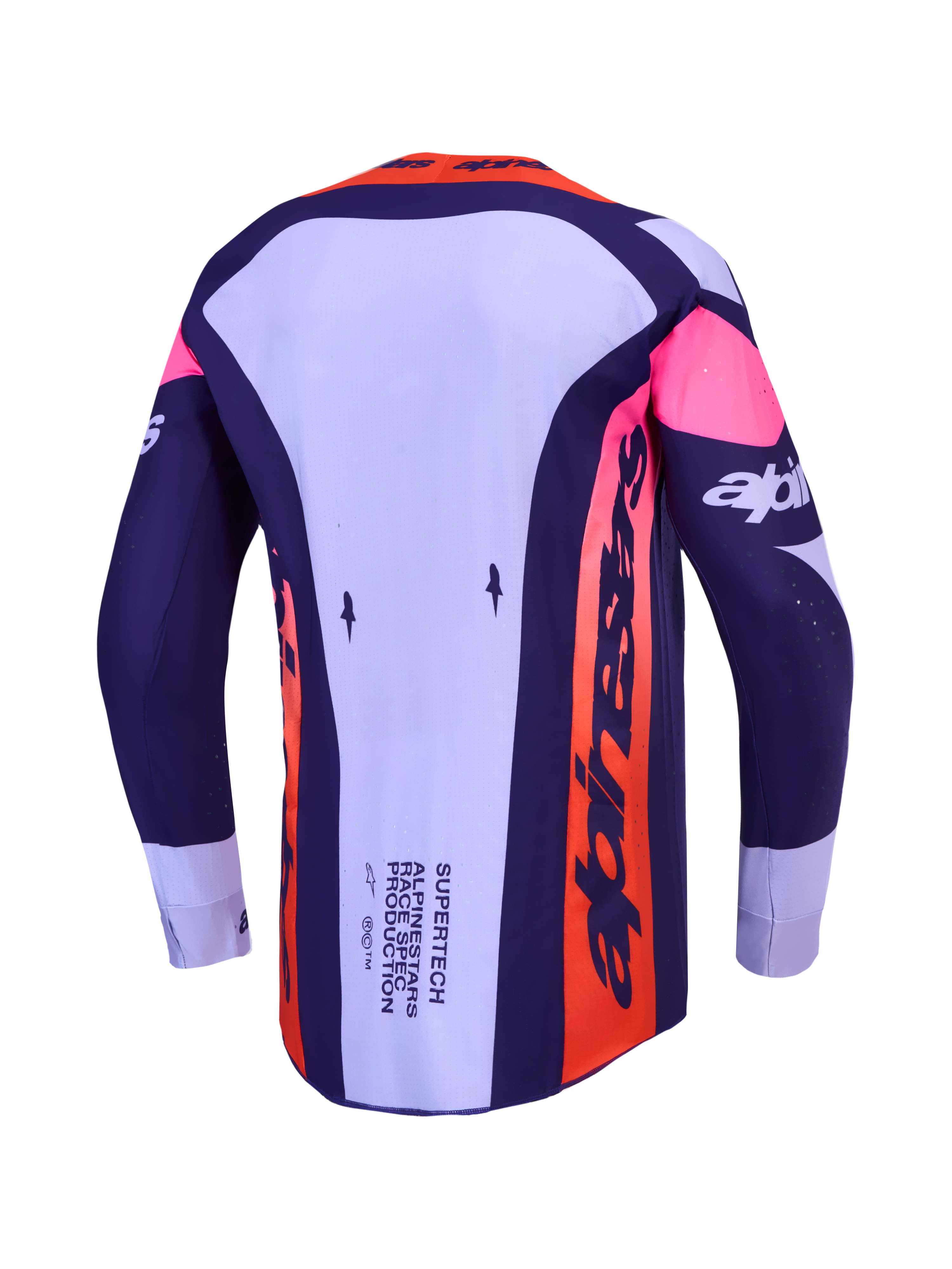 Alpinestars Supertech Dyna Trikot, Herren-MX-Trikot, Helllila und Dunkelviolett, belüftetes Stretch-Mesh, Rückansicht.