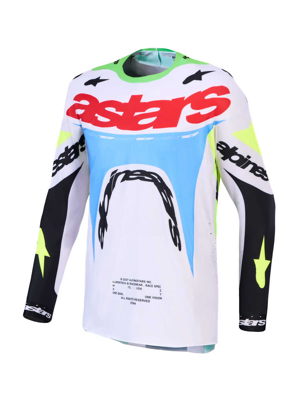 Alpinestars 2027 Supertech Dyna Trikot, Herren-Motocross-Rennsporttrikot in Weiß und Fluo-Grün, athletische Mesh-Passform.