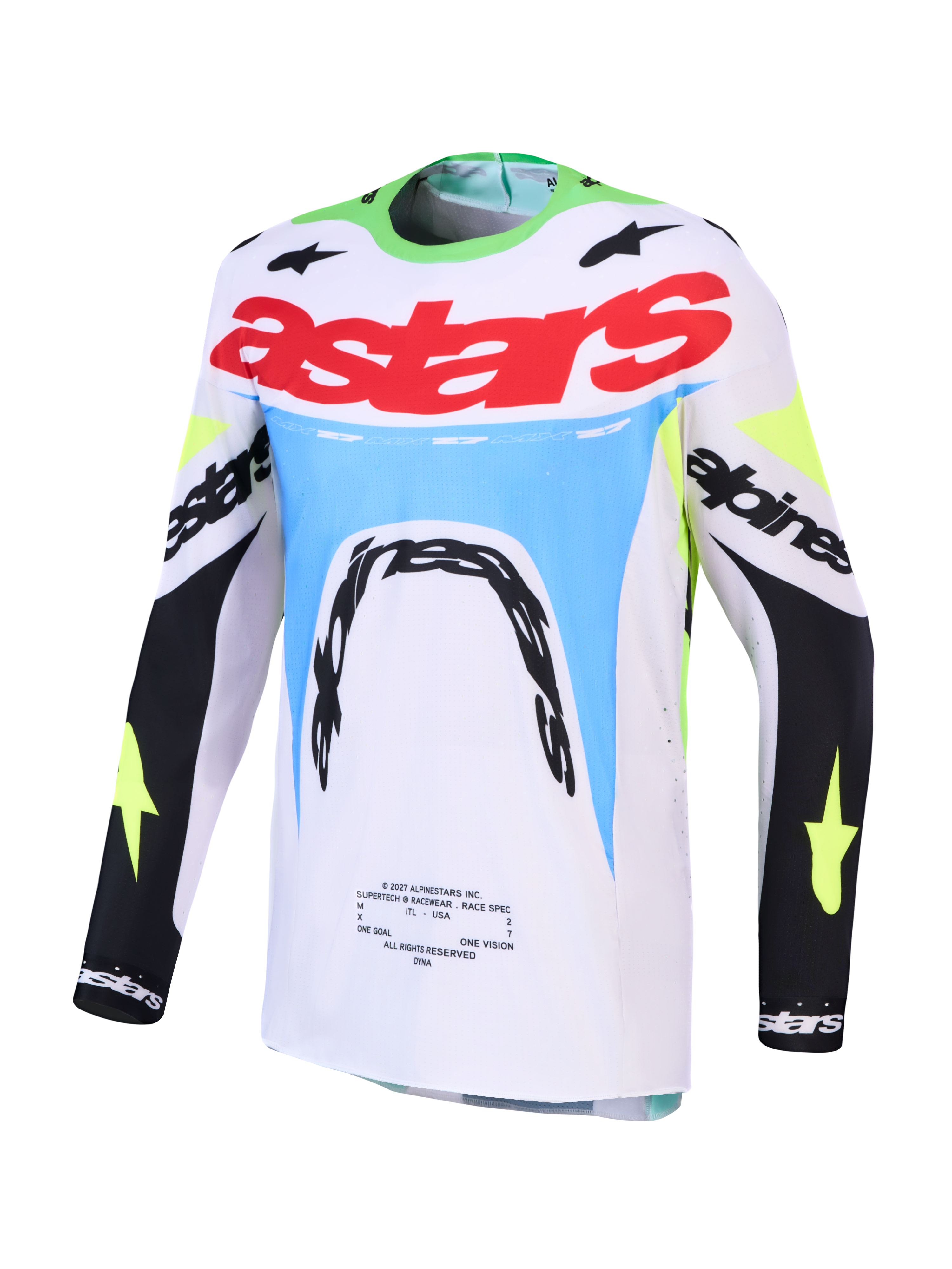 Alpinestars 2027 Supertech Dyna Trikot, Herren-Motocross-Rennsporttrikot in Weiß und Fluo-Grün, athletische Mesh-Passform.