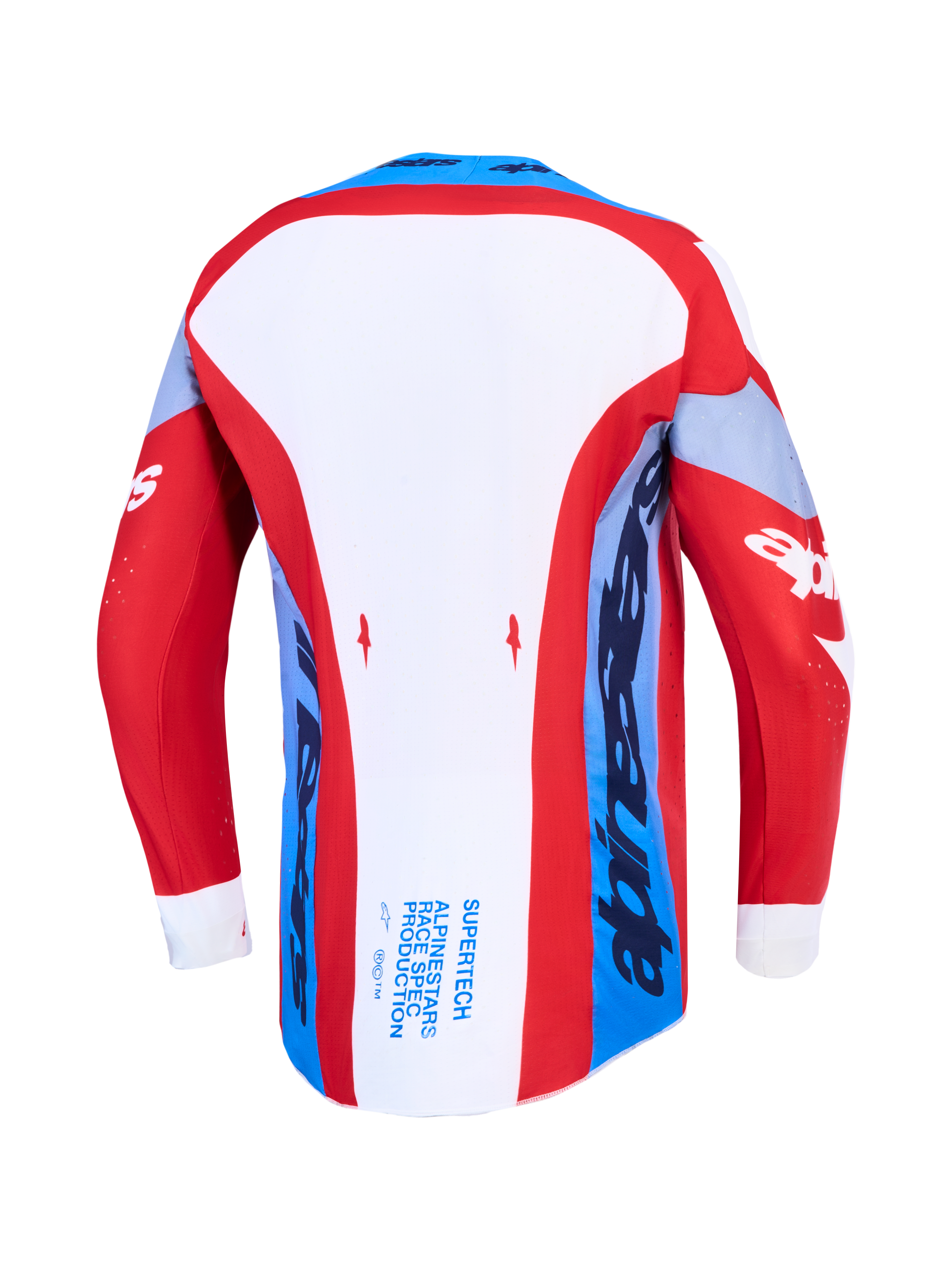 Alpinestars Supertech Dyna Trikot, Motocross-Renntrikot, Rot, Weiß und Marineblau, Rückansicht mit verlängertem Saum.