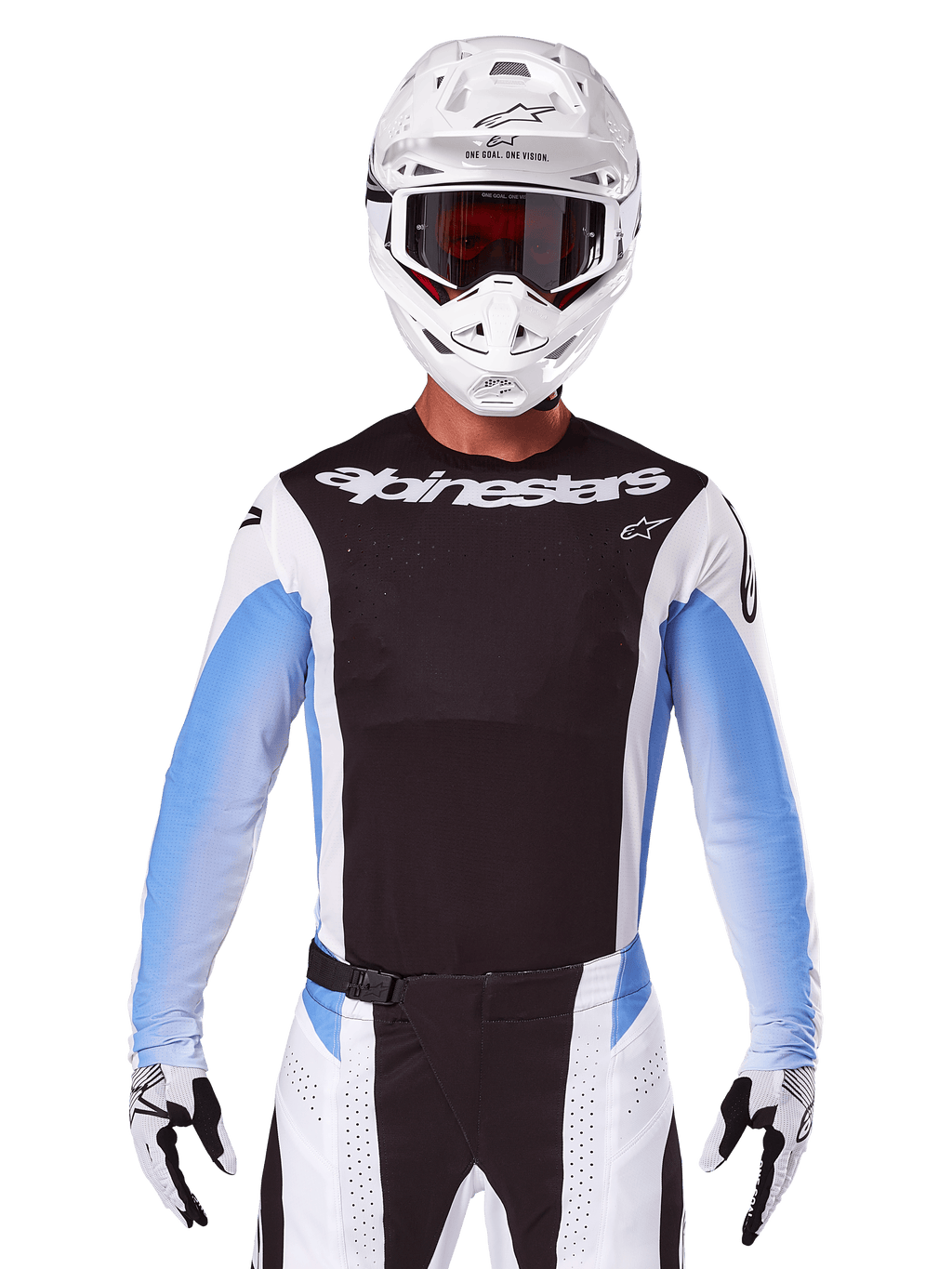 Alpinestars 2025 Techstar Melt Trikot, Motocross-Rennausrüstung, Schwarz, Weiß und Blau, langärmliges Trikot mit passender Hose und Handschuhen, Fahrer in kompletter MX-Ausrüstung mit weißem Helm und Goggles