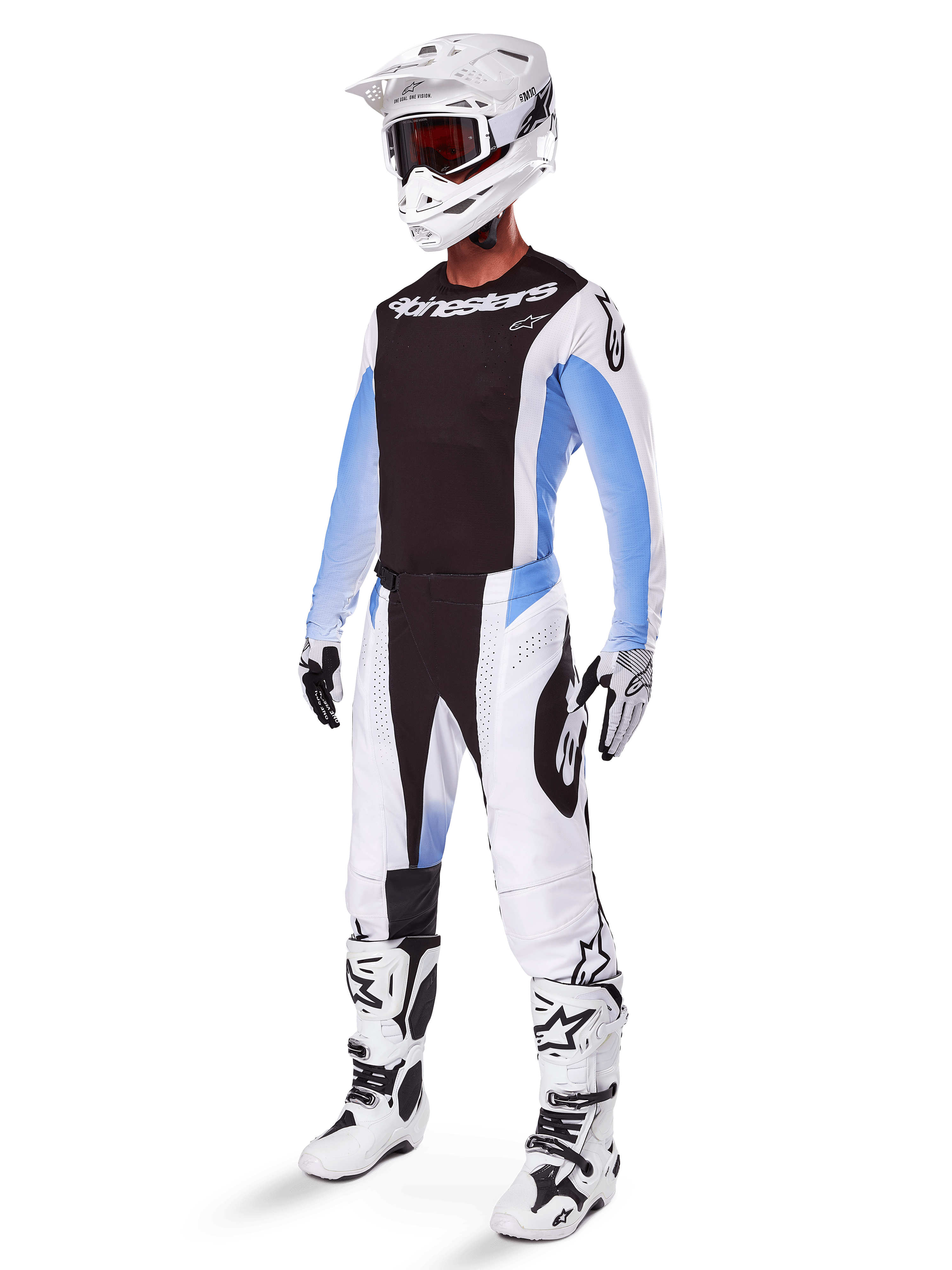 2025 Techstar Melt Gear Set, komplette Motocross-Ausrüstung, schwarzes Trikot mit weißen und blauen Ärmeln, weiße Hose mit schwarzen und blauen Akzenten, weißer Helm, schwarz-weiße Handschuhe, weiße Stiefel mit schwarzen Details, komplettes MX-Schutzset