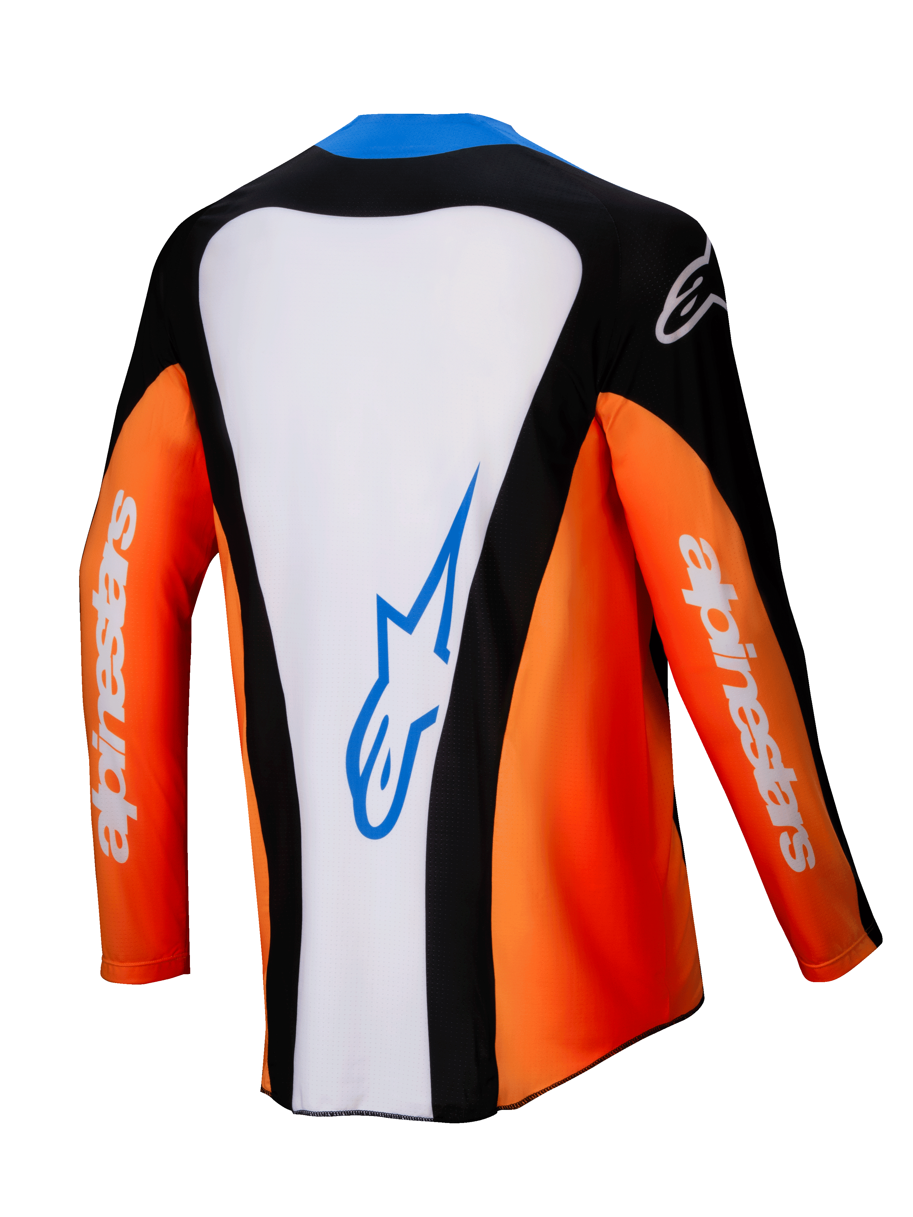 Alpinestars 2025 Techstar Melt Jersey, Motocross-Jersey, Rückansicht, Orange, Weiß und Schwarz mit blauen Akzenten, weißer Mittelbereich mit blauem Logo, orangefarbene Ärmel mit weißem Branding, Hochleistungs-Offroad-Rennausrüstung