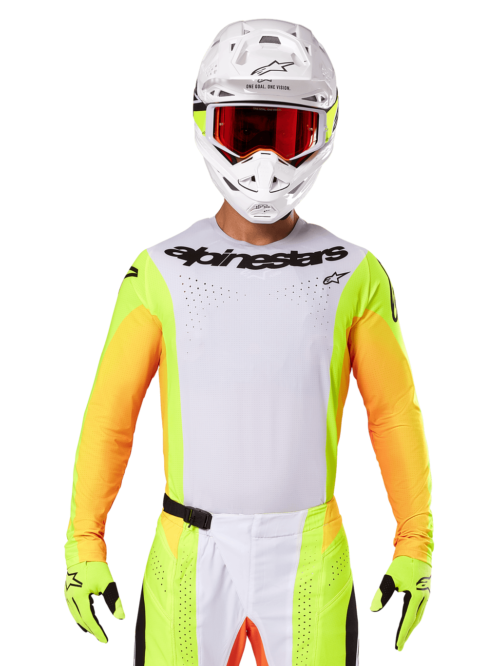 Alpinestars 2025 Techstar Melt Trikot, Motocross-Rennbekleidung, weiße Brust mit neongelben und orangen Ärmeln, Fahrer mit weißem Helm und roter Brille, neongelbe Handschuhe mit schwarzen Logos, lebendige Farbkombination für Offroad-Performance