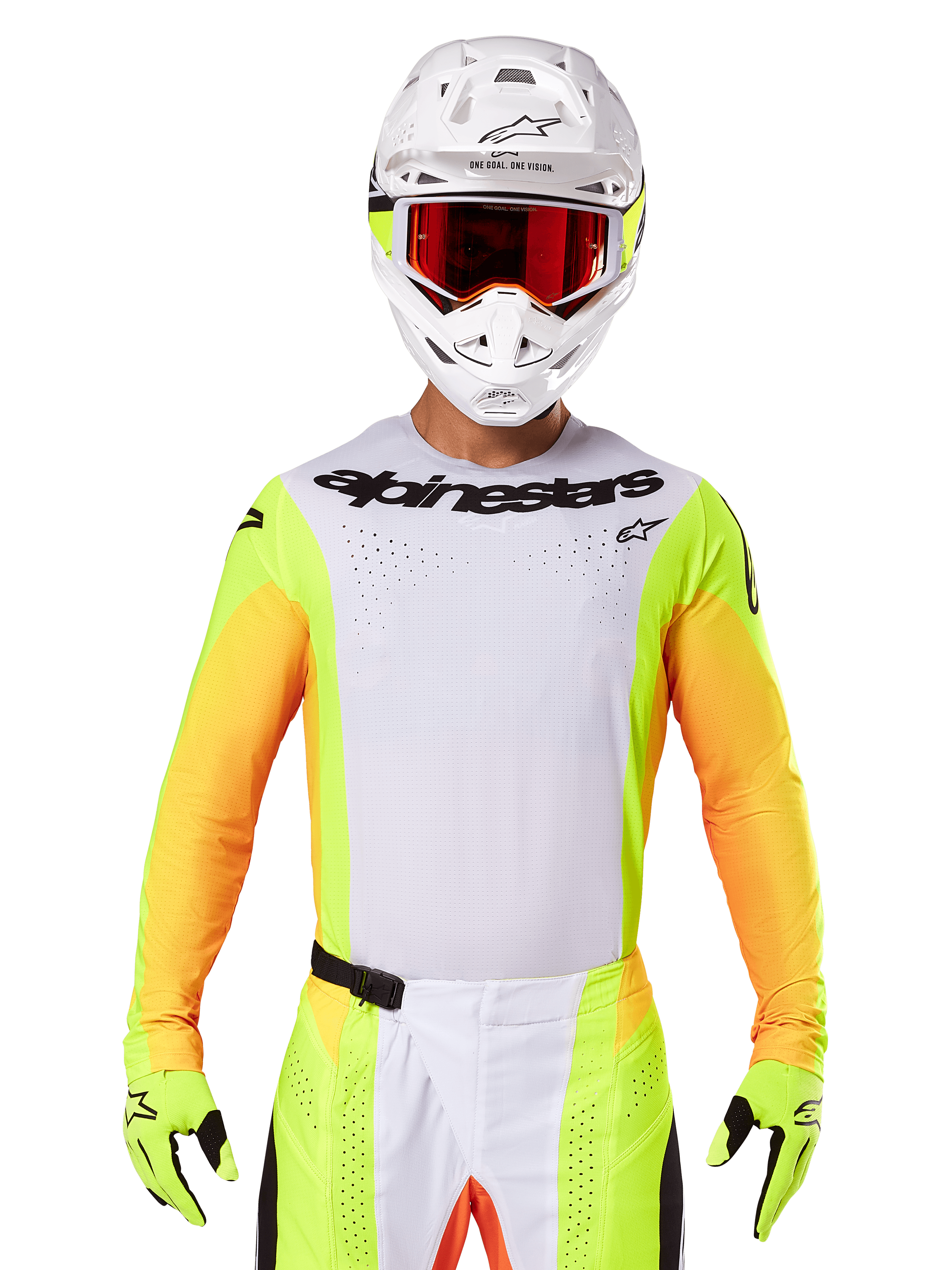 Alpinestars 2025 Techstar Melt Trikot, Motocross-Rennbekleidung, weiße Brust mit neongelben und orangen Ärmeln, Fahrer mit weißem Helm und roter Brille, neongelbe Handschuhe mit schwarzen Logos, lebendige Farbkombination für Offroad-Performance