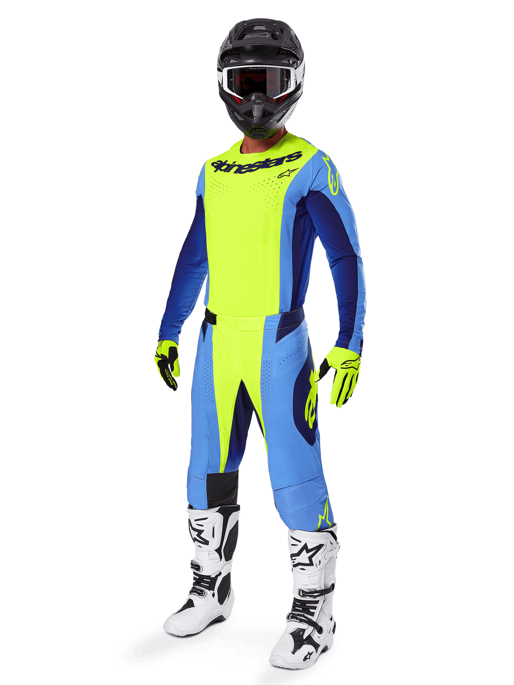 Motocross rider wearing Alpinestars 2025 Techstar Melt Jersey, Yellow Fluo and Blue, paired with matching pants, black helmet with goggles, yellow gloves, and white and black boots, complete coordinated performance gear for off-road racing