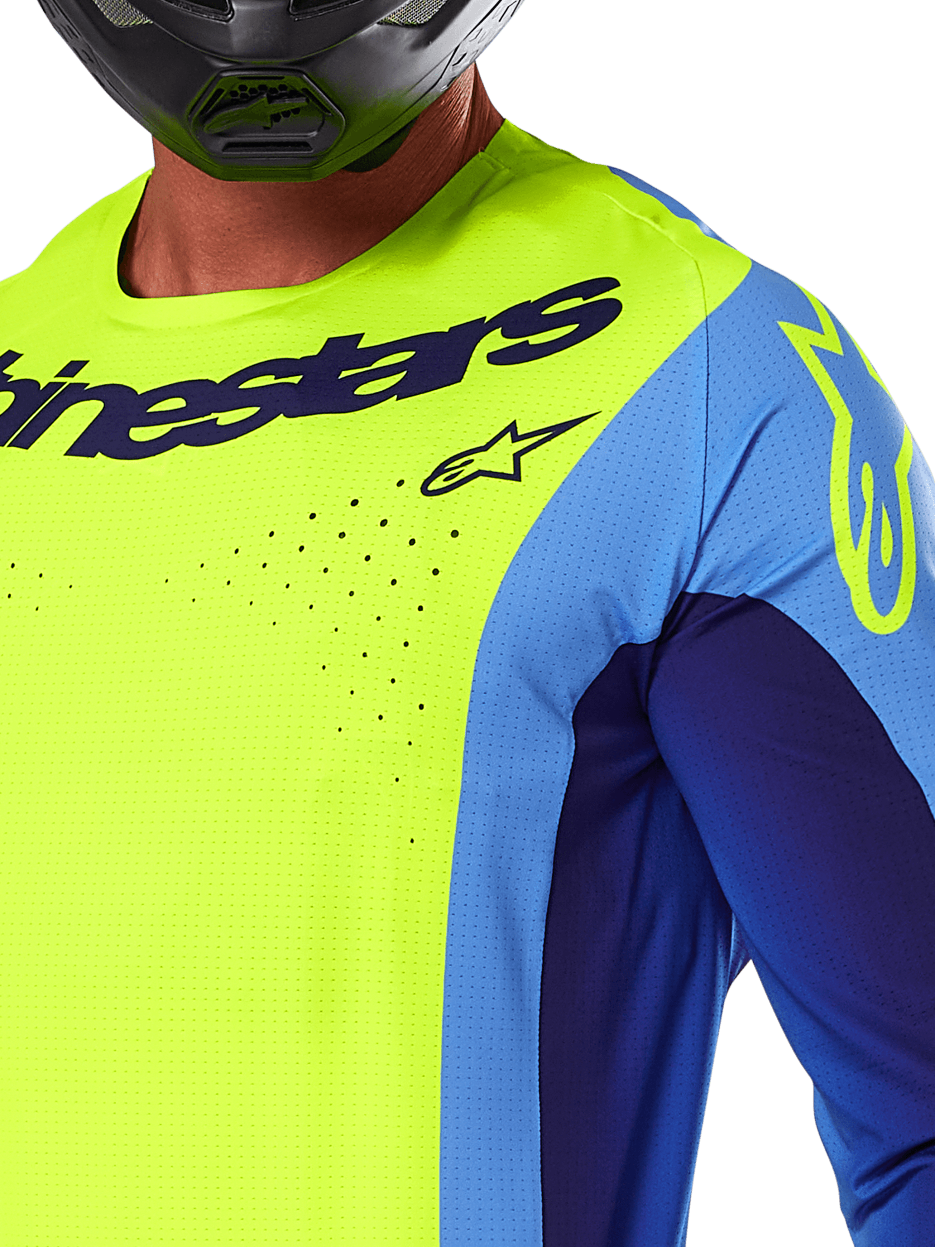 Alpinestars 2025 Techstar Melt Jersey, Motocross Jersey, Yellow Fluo and Blue, featuring laser-cut perforations and bold logo on the chest, athletic fit for off-road racing, close-up view with a black helmet