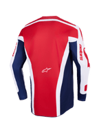 Alpinestars 2026 Racer Riway Trikot, Motocross-Trikot, Weiß Blau Rot, Rückansicht mit einem großen roten Mittelpanel mit weißen eckigen Akzenten, blauen Seitenbahnen und weißen Ärmeln mit rotem Astars-Branding, sowie einem kleinen weißen Alpinestars-Logo in der Mitte.