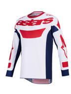 Alpinestars 2026 Racer Riway Trikot, Motocross-Trikot, Weiß, Blau und Rot, rotes Astars-Logo auf der Brust, marineblaue Seiteneinsätze, lange Ärmel mit roten Grafiken, Performance-Offroad-Ausrüstung