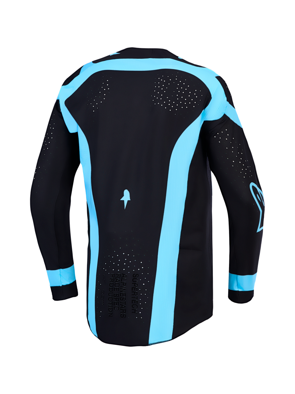 Alpinestars Supertech Vesta Trikot, Herren-Motocross-Trikot, Schwarz und Türkis, lasergeschnittene Rückenbelüftung.